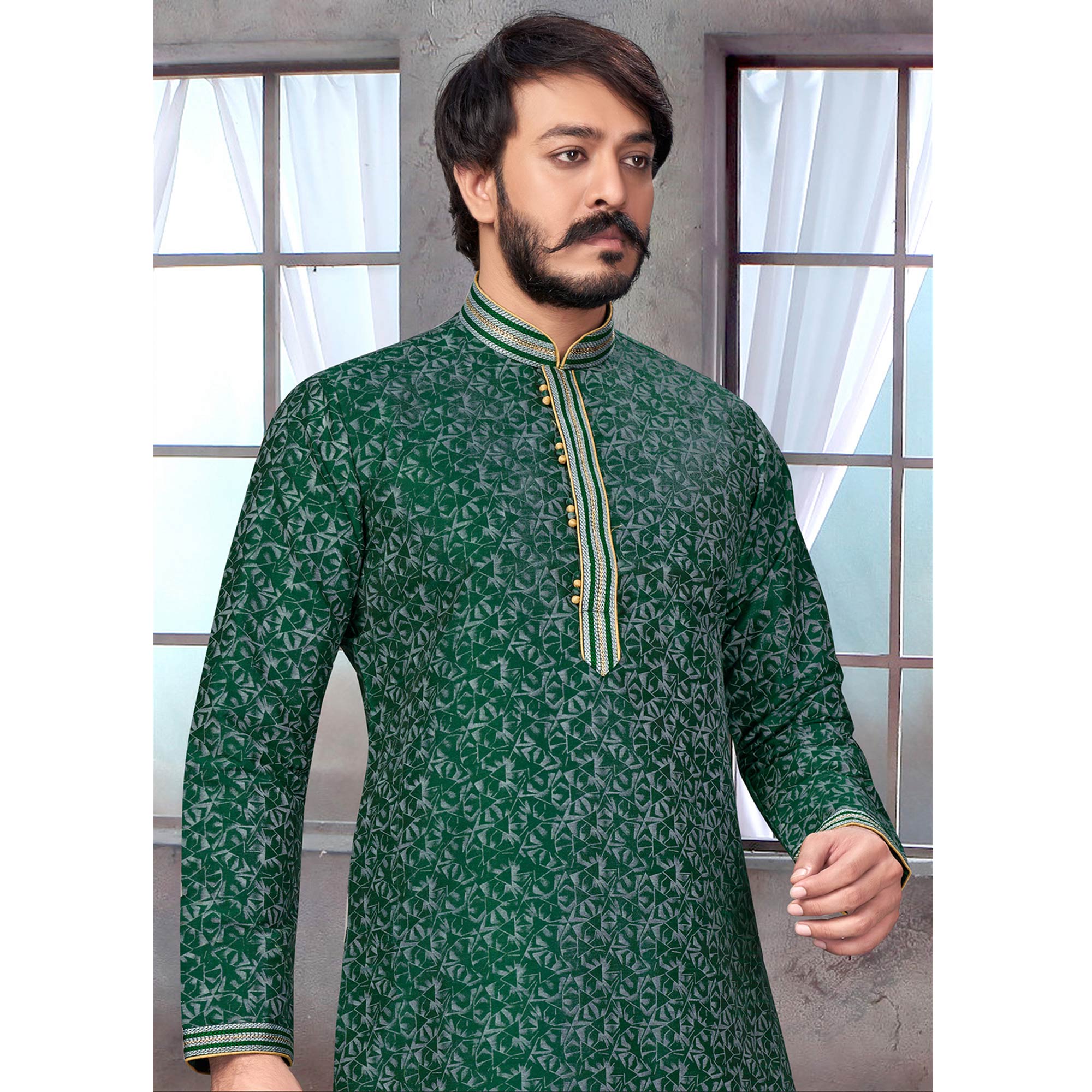 Green Printed Jacquard Kurta Pyjama Set