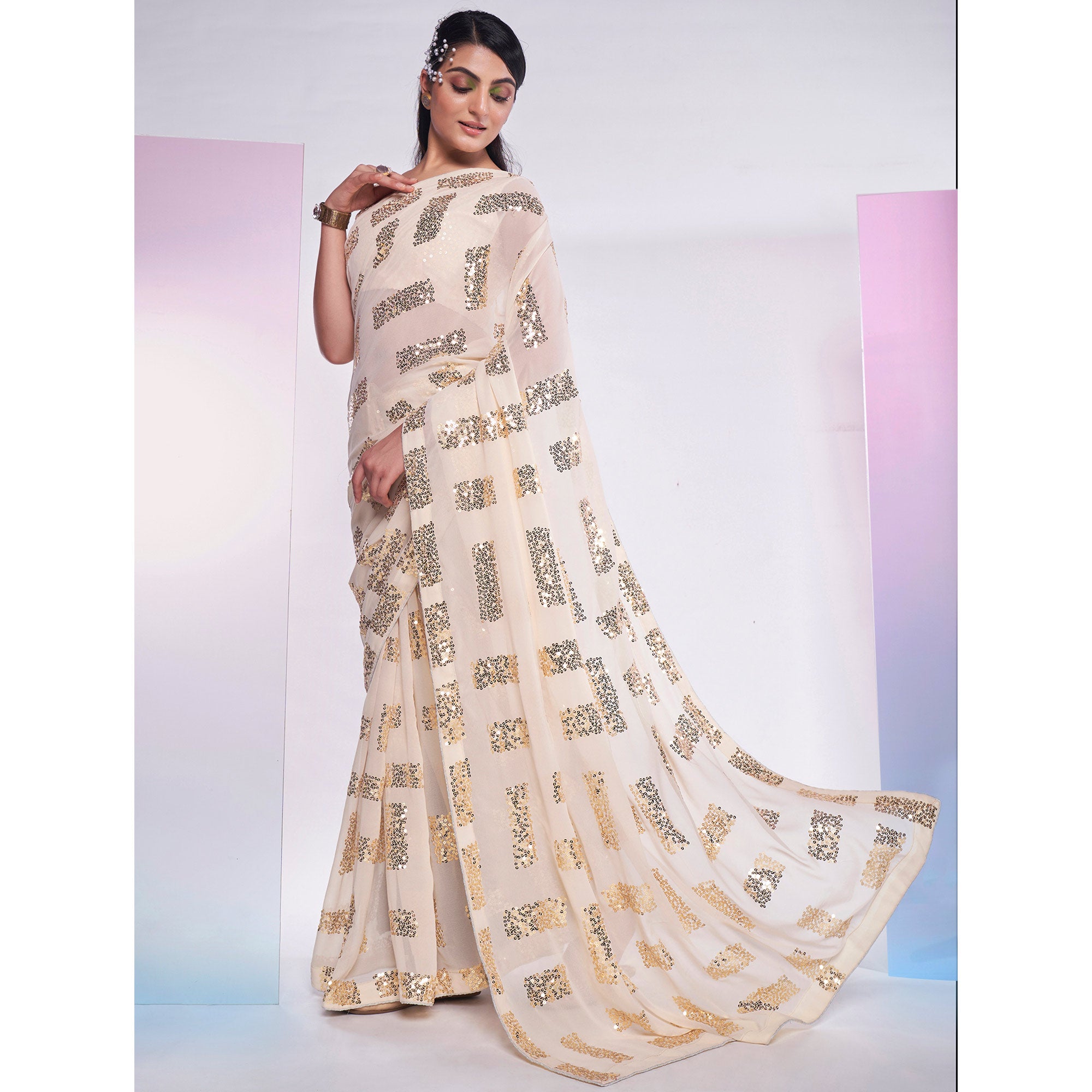 Cream Sequins Embroidered Georgette Saree