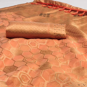 Peach Woven Art Silk Saree With Tassels