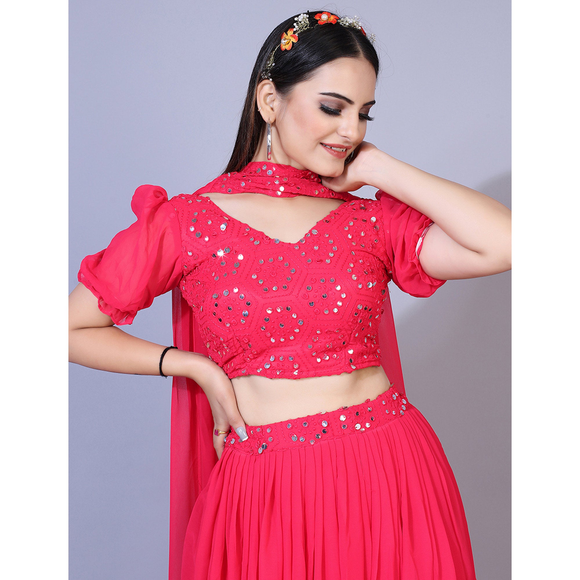 Pink Mirror Embroidered Georgette Lehenga Choli