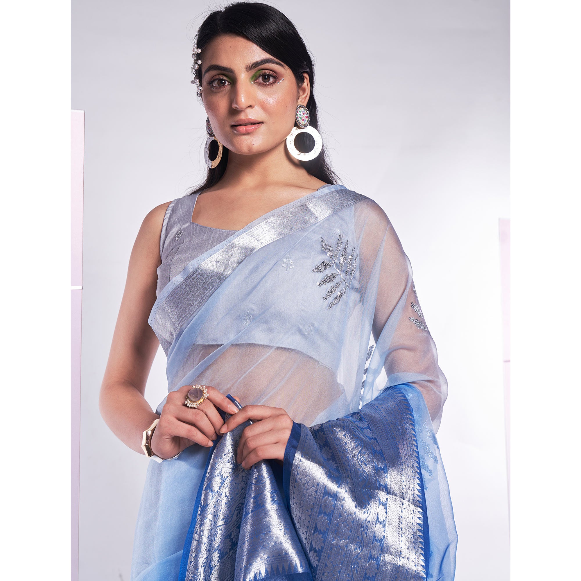 Blue Sequins Embroidered Organza Saree