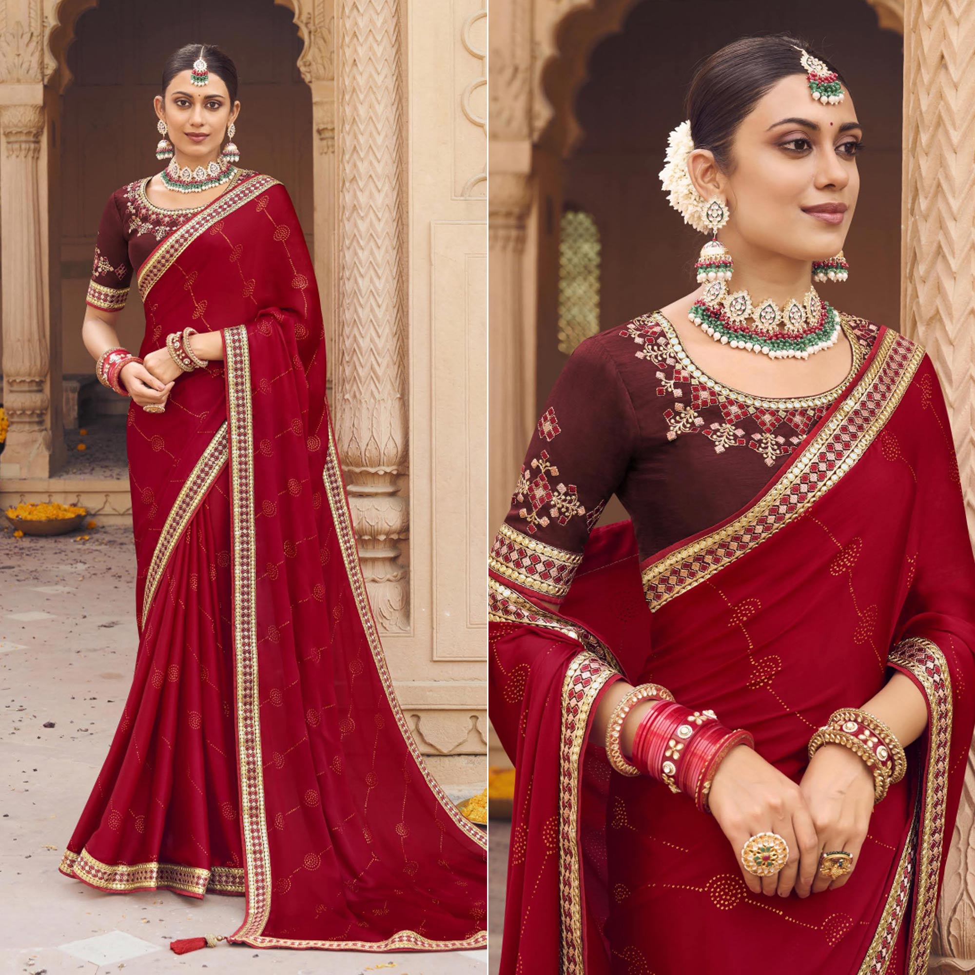 Red Embellished With Embroidered Border Satin Saree