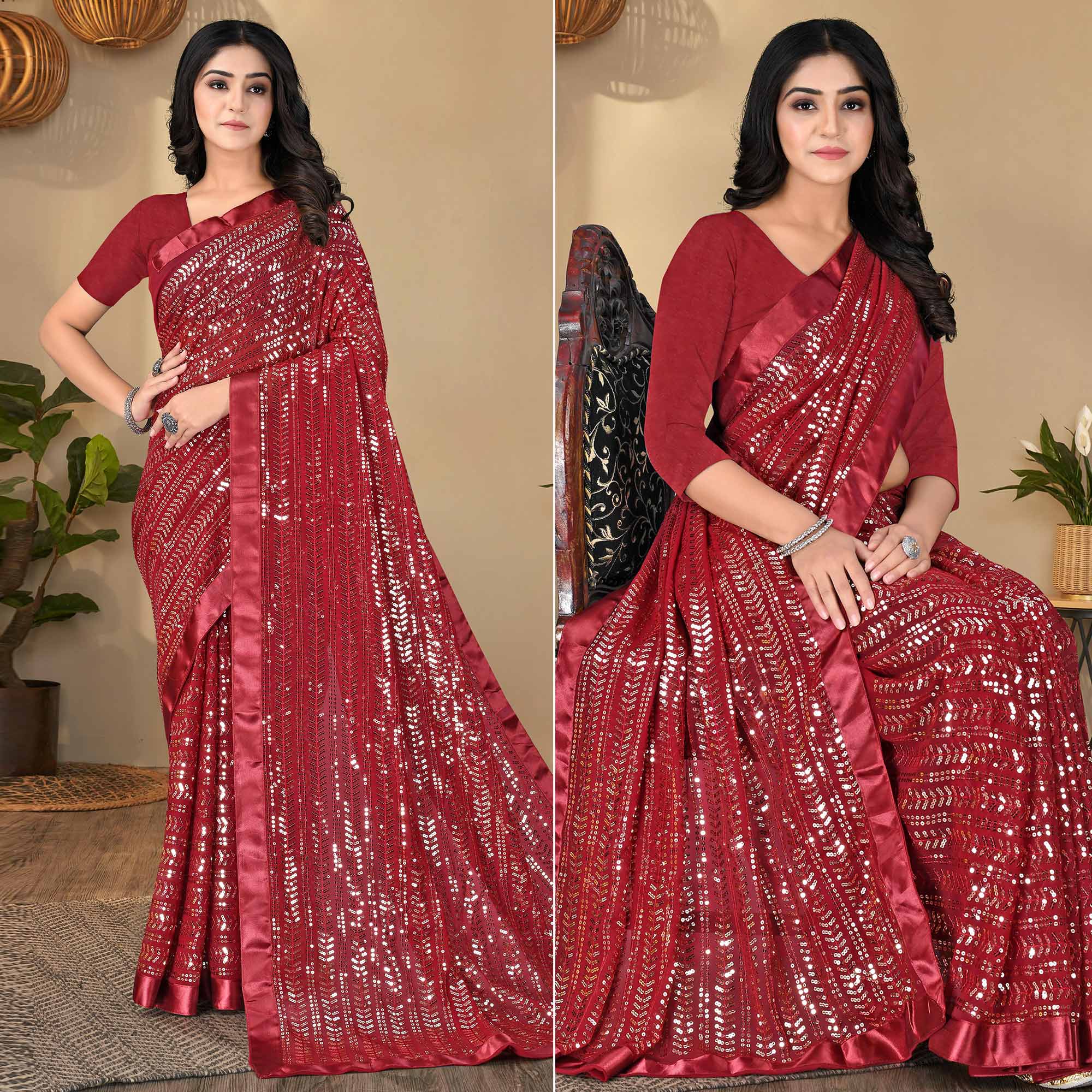 Red Sequins Embroidered Georgette Saree