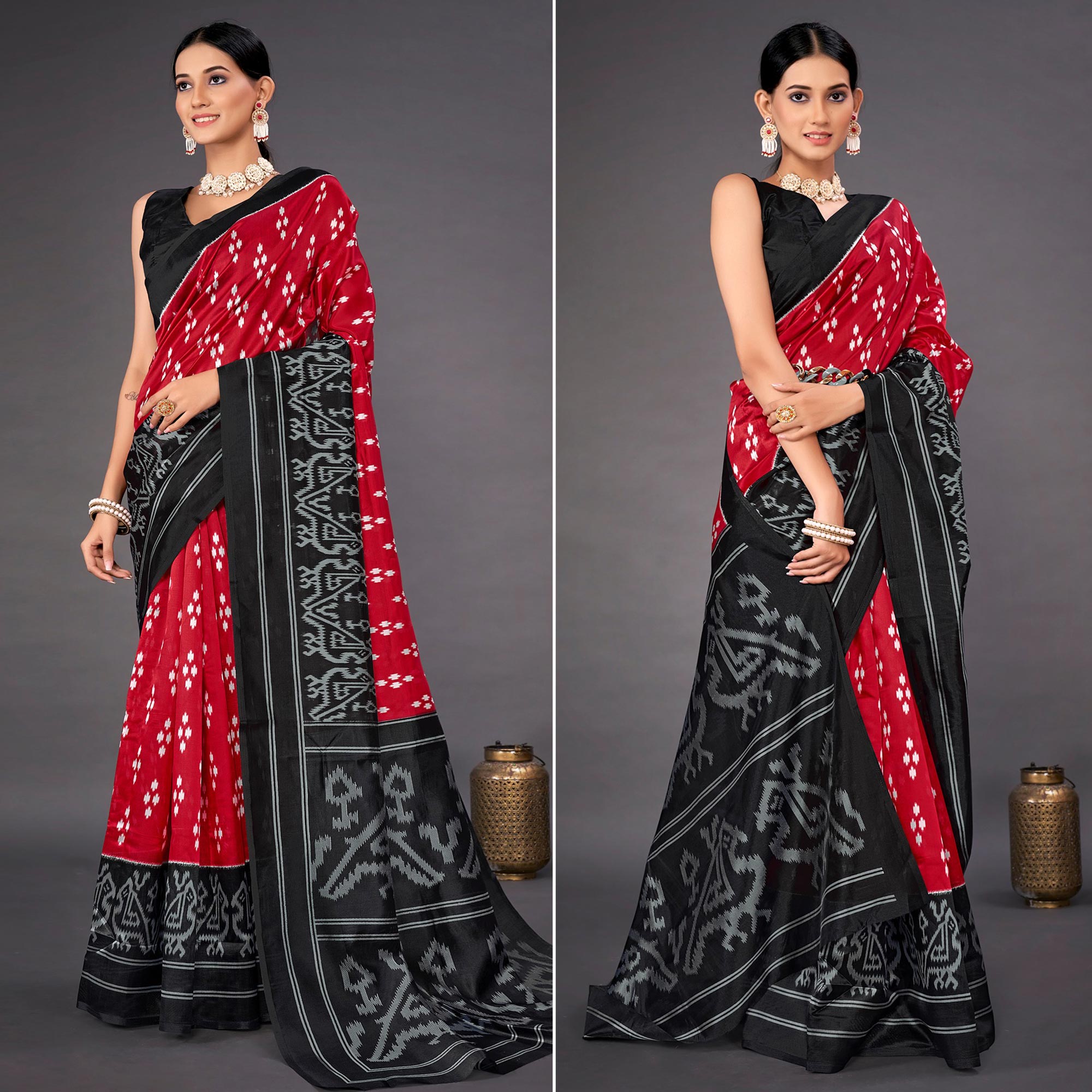 Red Ikkat Printed Art Silk Saree