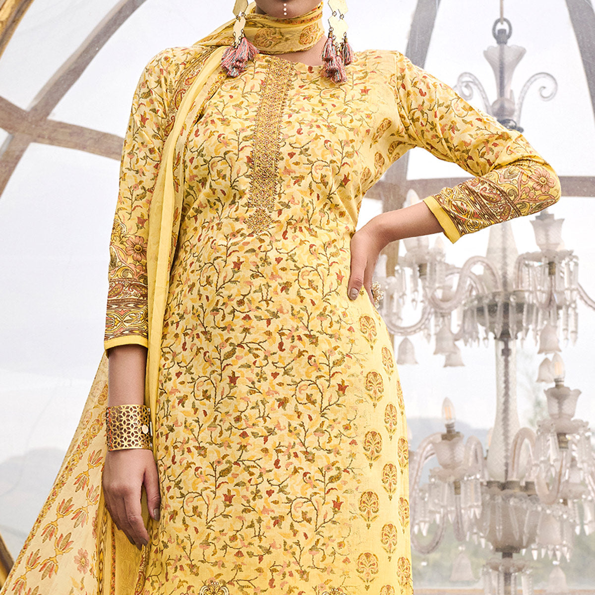 Yellow Printed With Embroidered Pure Cotton Salwar Suit