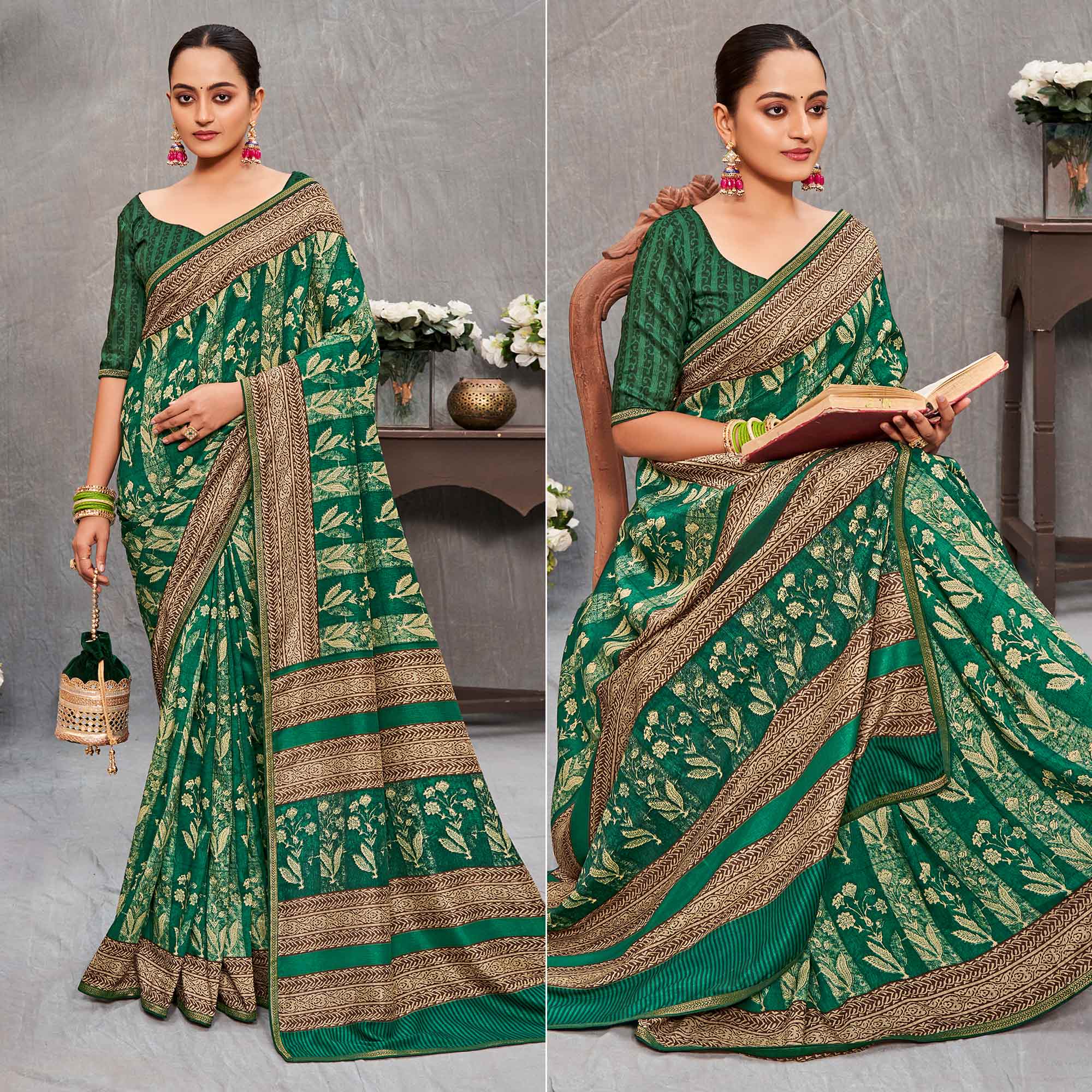 Green Floral Printed Tussar Silk Saree