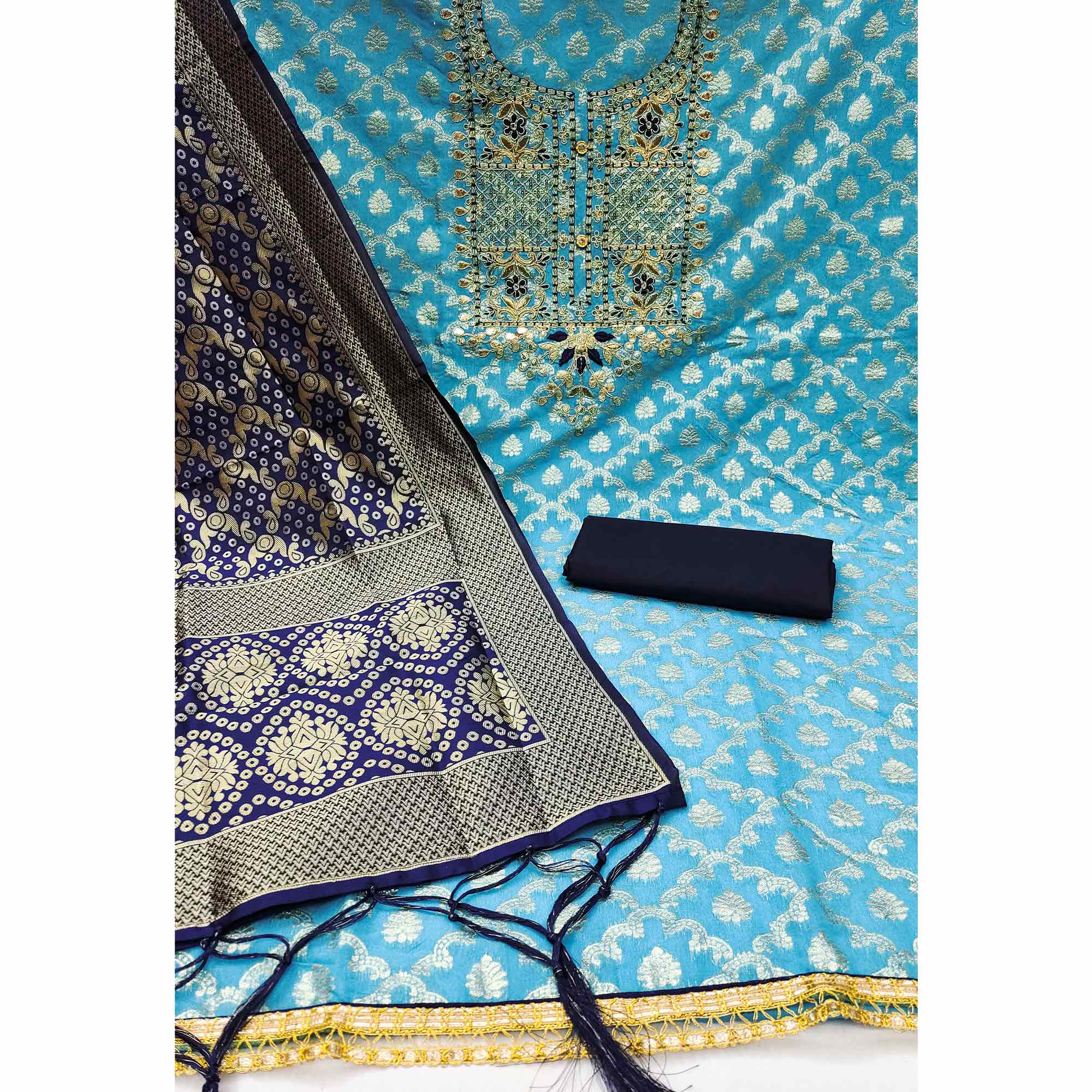 Sky Blue Woven With Embroidered Chanderi Dress Material