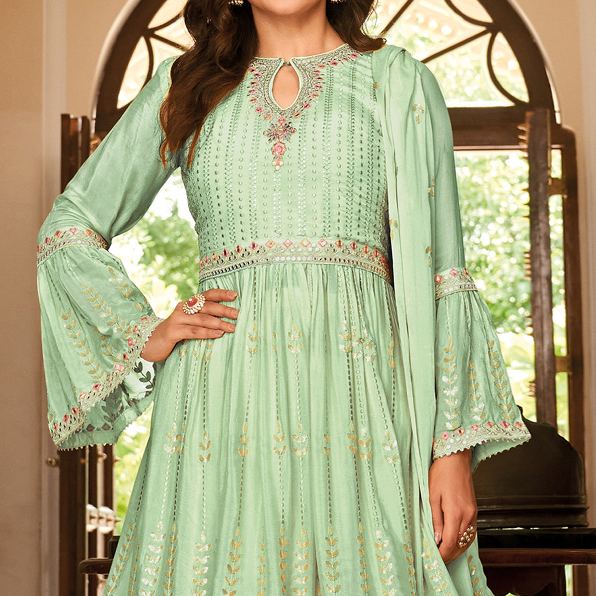 Green Floral Sequins Embroidered Chiffon Semi Stitched Sharara Suit