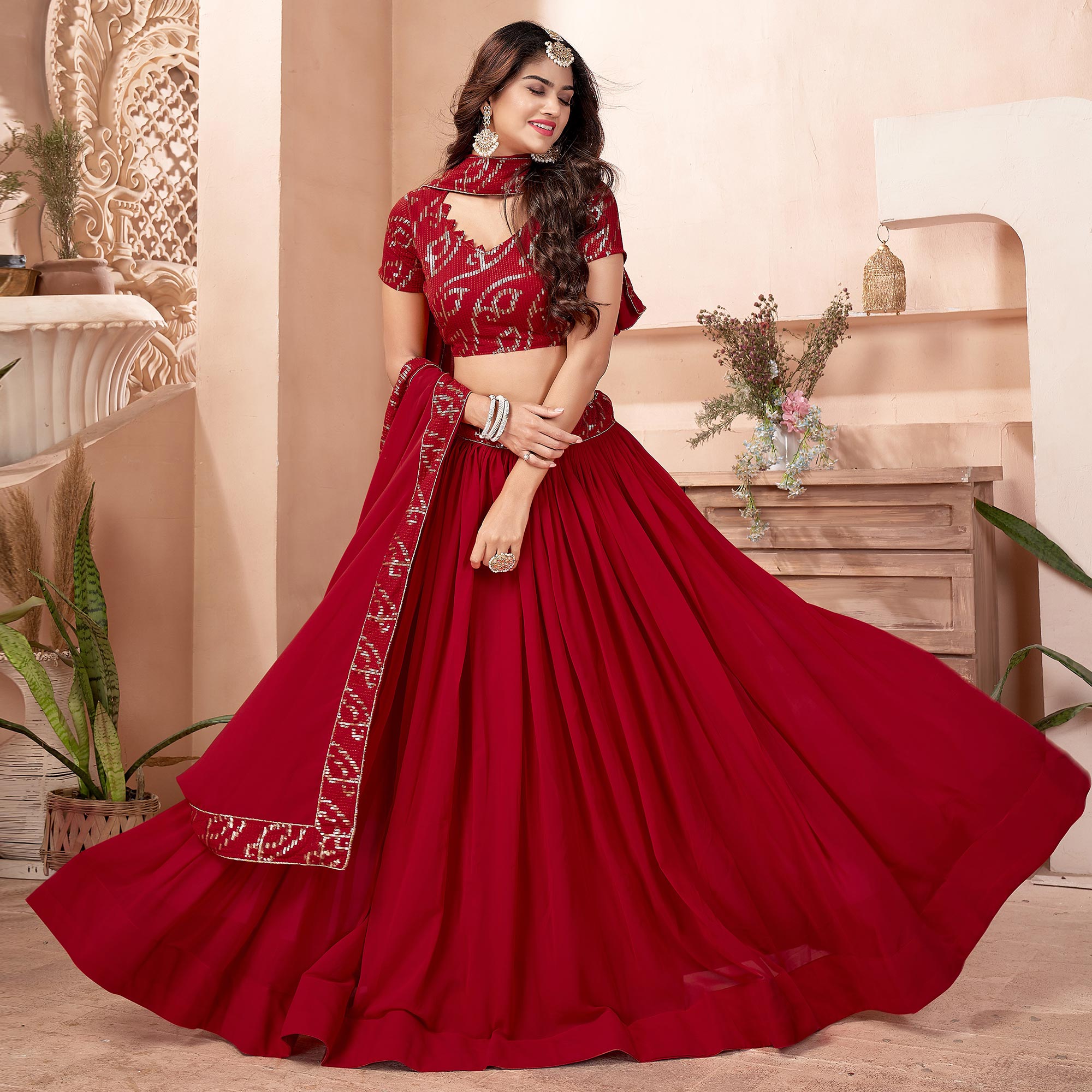 Red Sequins Embroidered Georgette Lehenga Choli