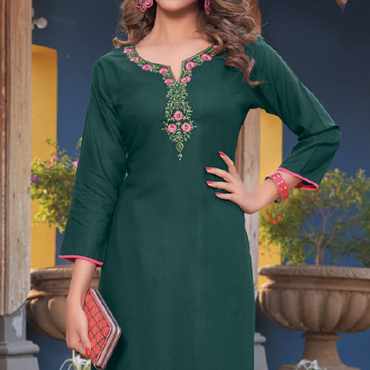 Dark Green Embroidered Rayon Kurti