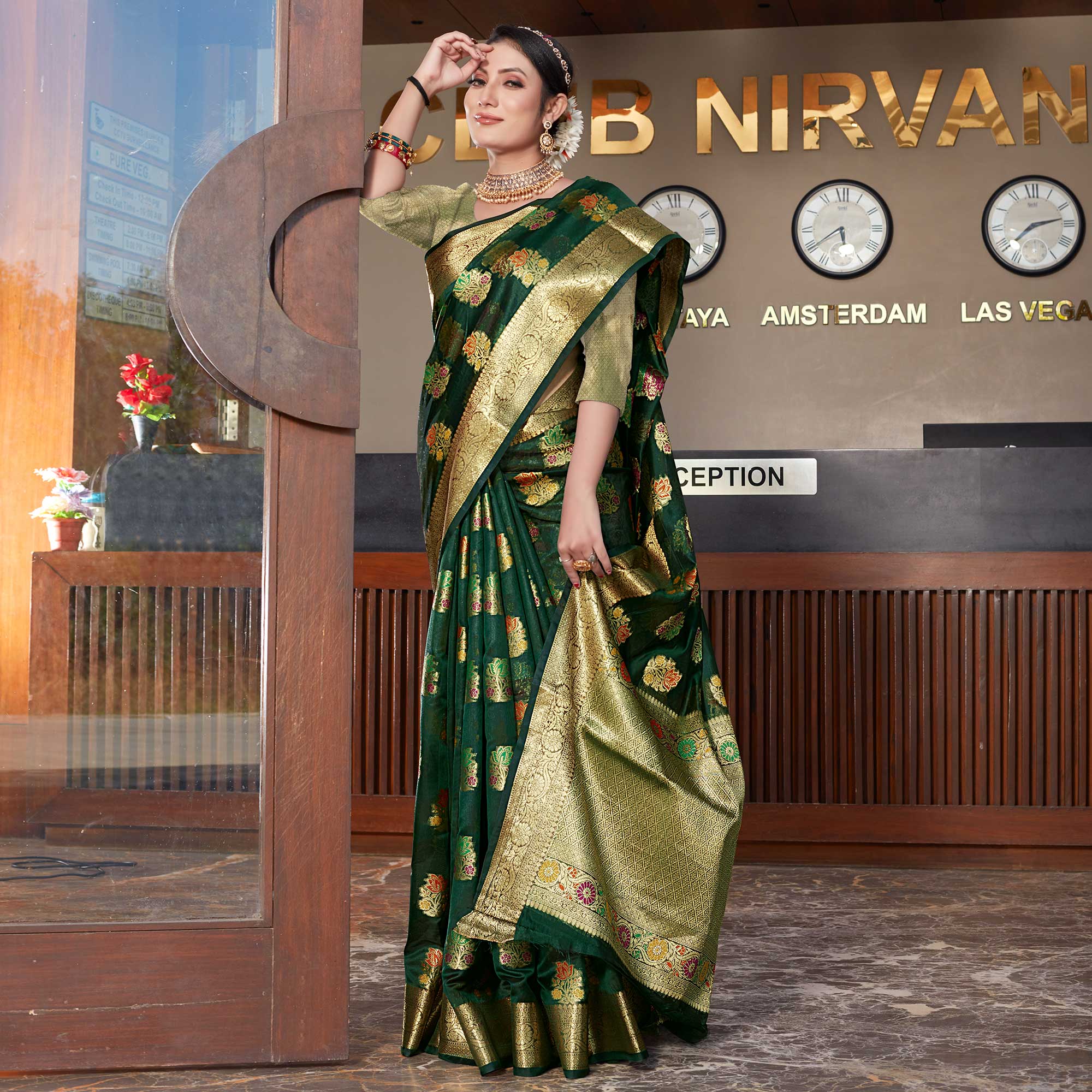 Bottle Green Floral Woven Organza Saree