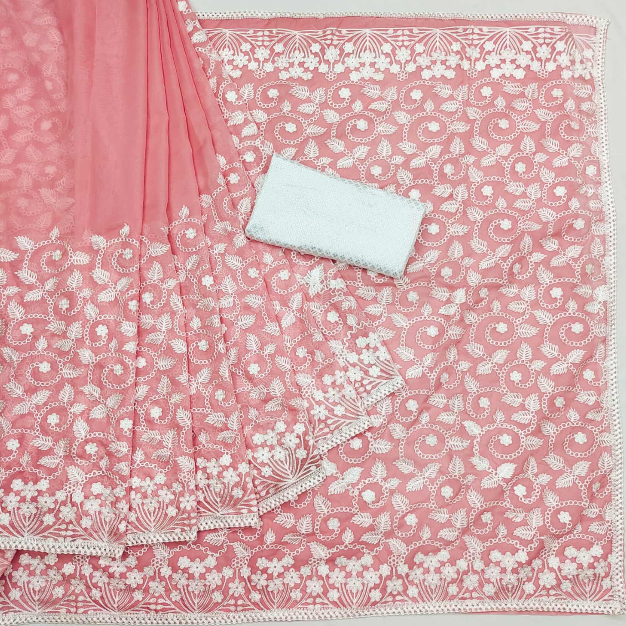 Pink Lucknowi Embroidered Organza Saree