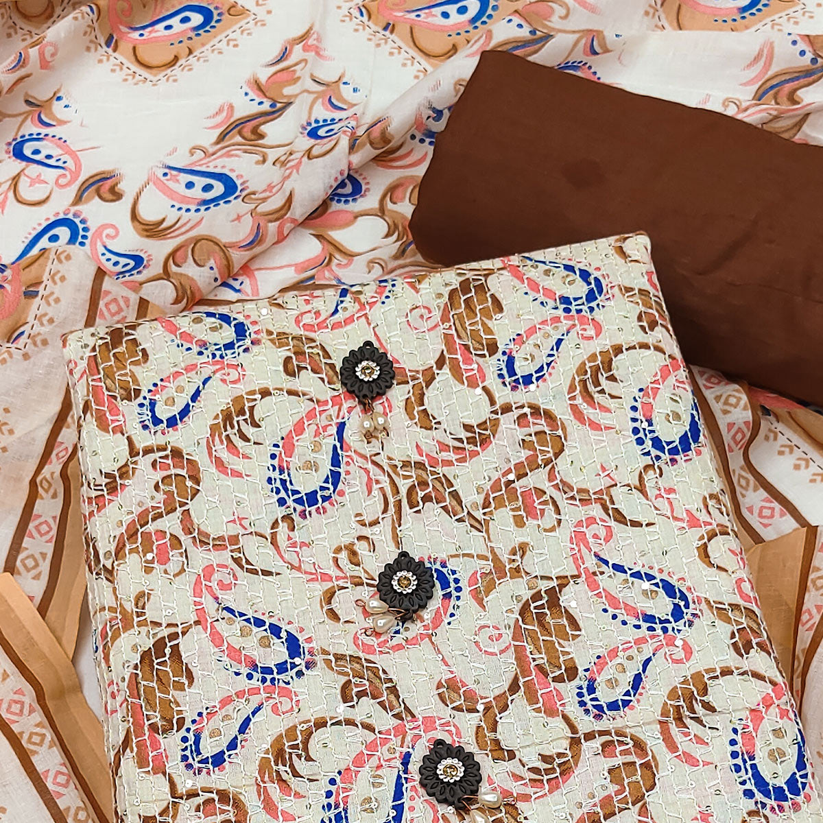 Cream-Blue Printed & Embroidered Pure Cotton Dress Material