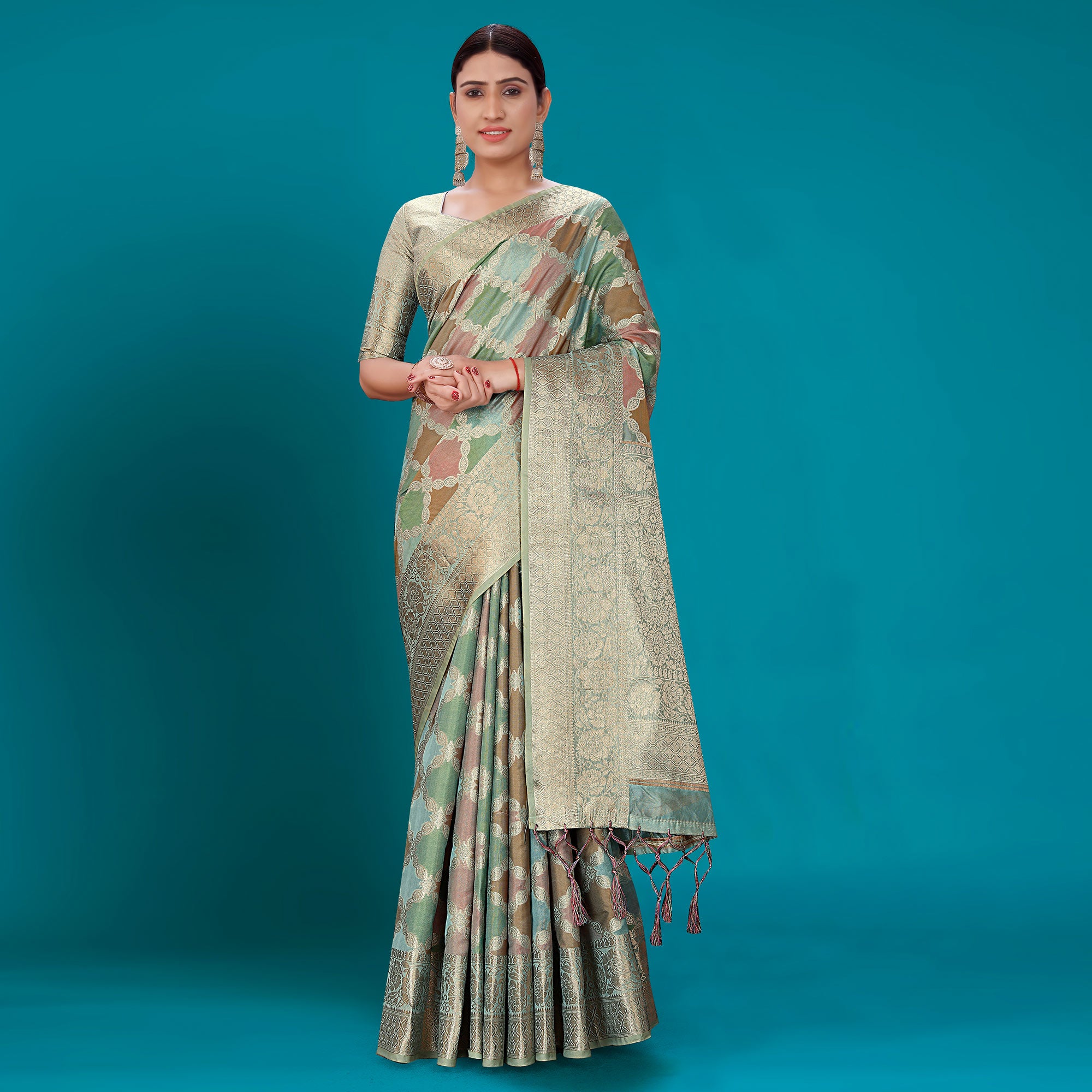 Blue Woven Organza Saree With Tassels