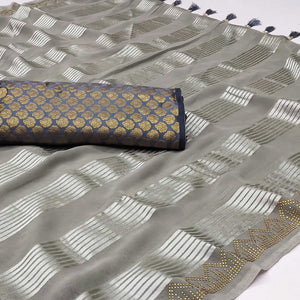 Grey Striped With Stone Work Georgette Saree
