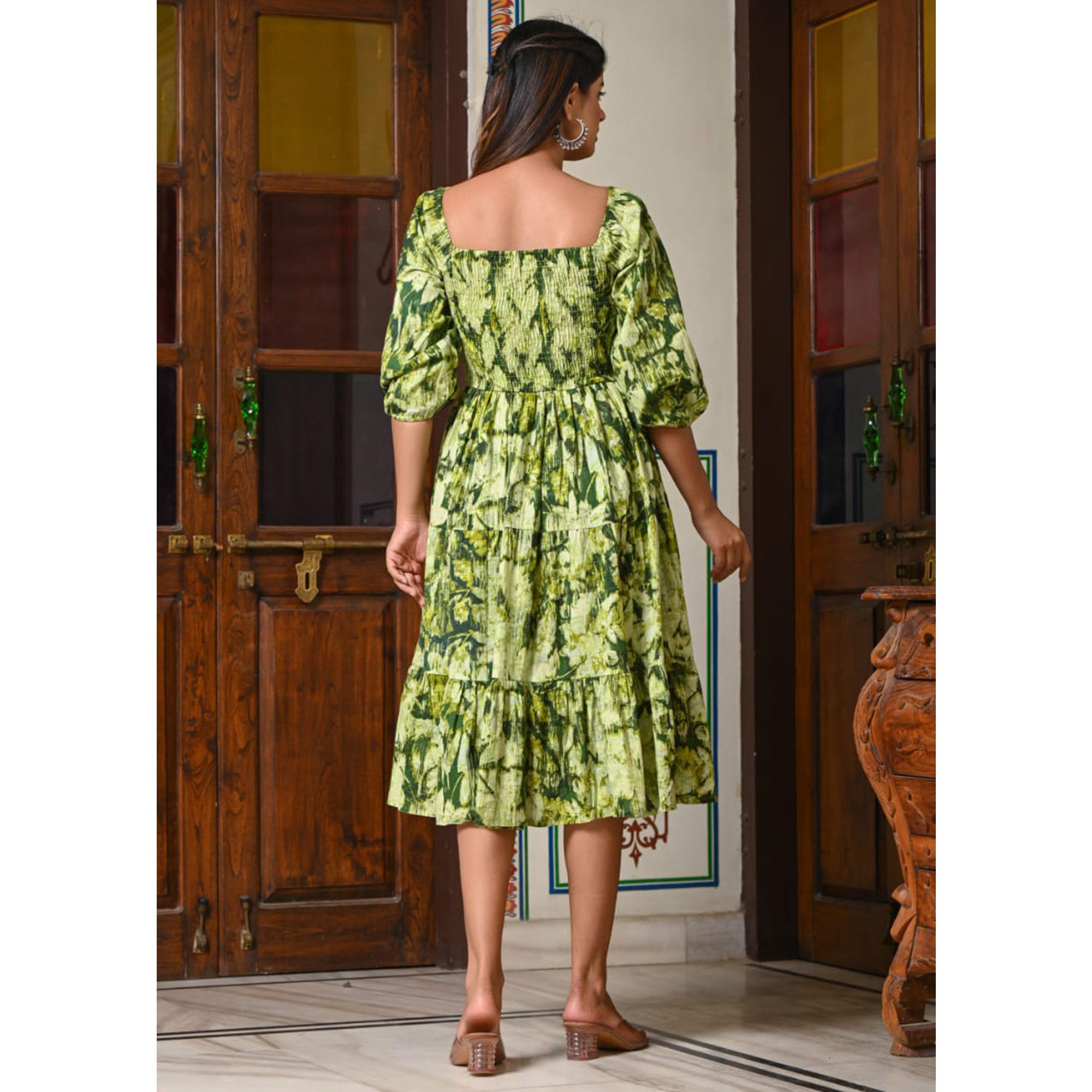 Green Floral Printed Pure Cotton Dress