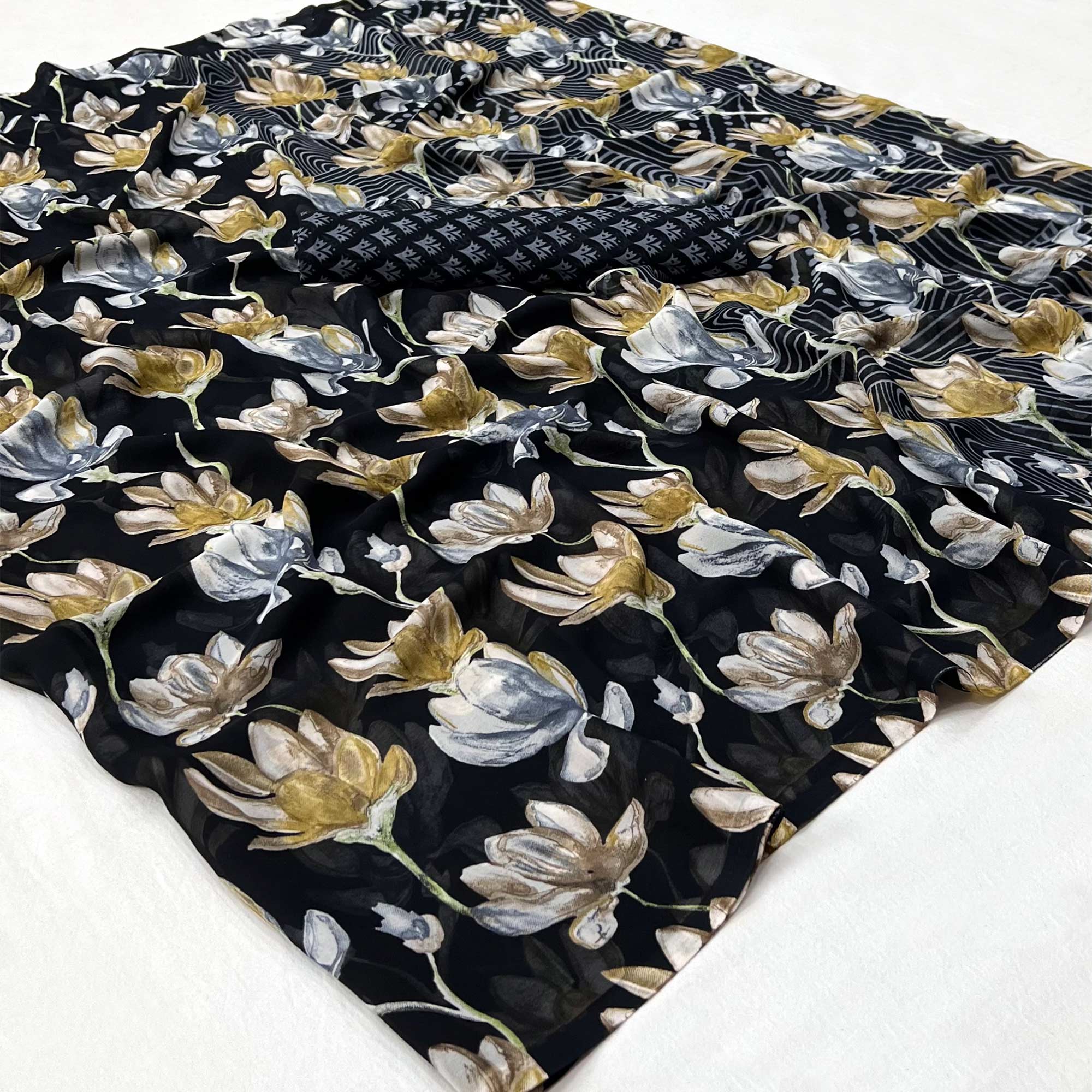 Black Floral Digital Printed Georgette Saree