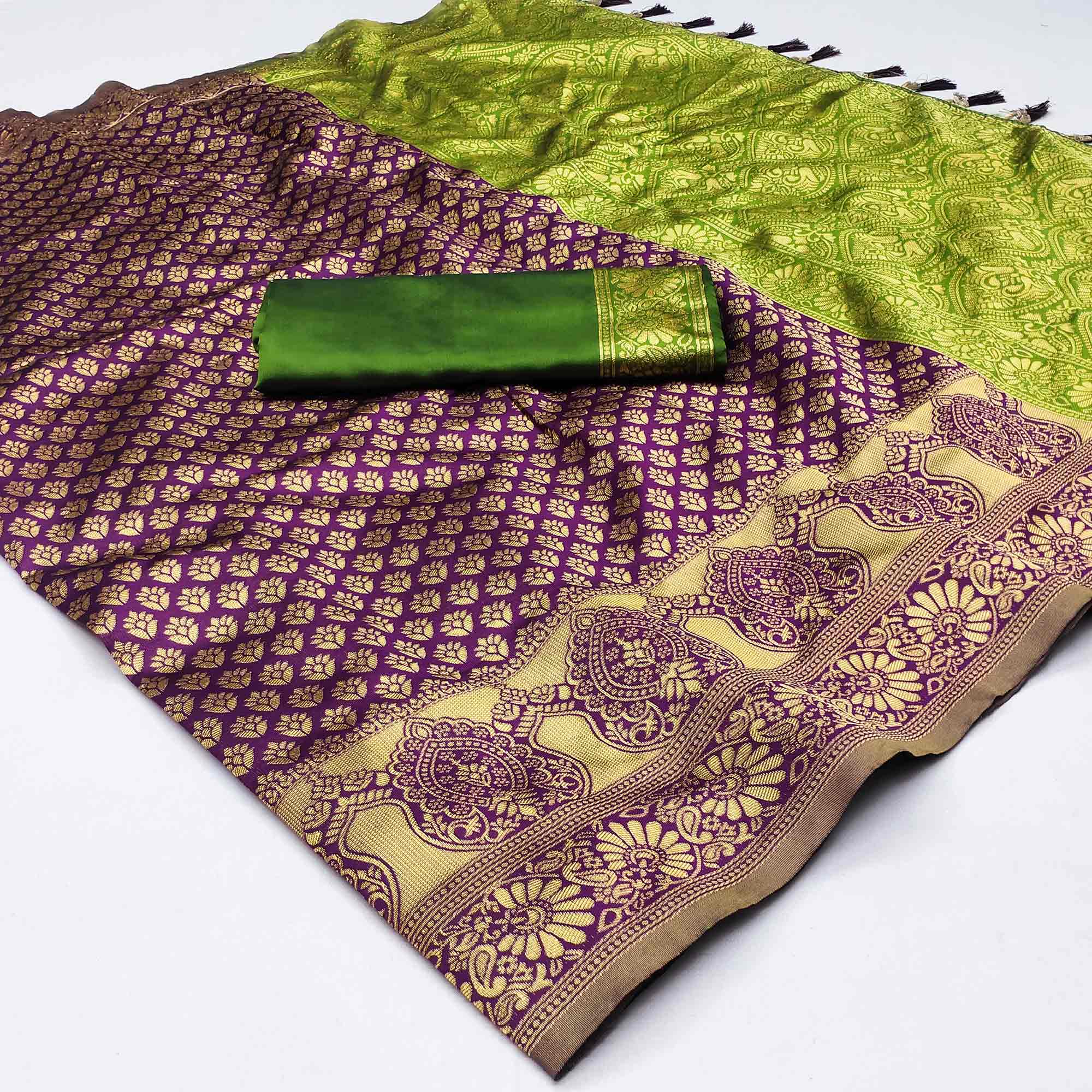 Purple Woven Banarasi Silk Saree With Tassels
