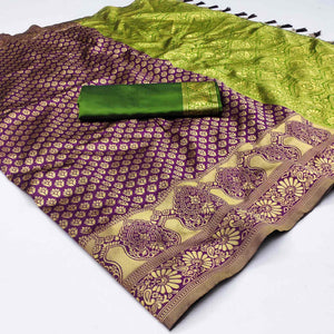 Purple Woven Banarasi Silk Saree With Tassels