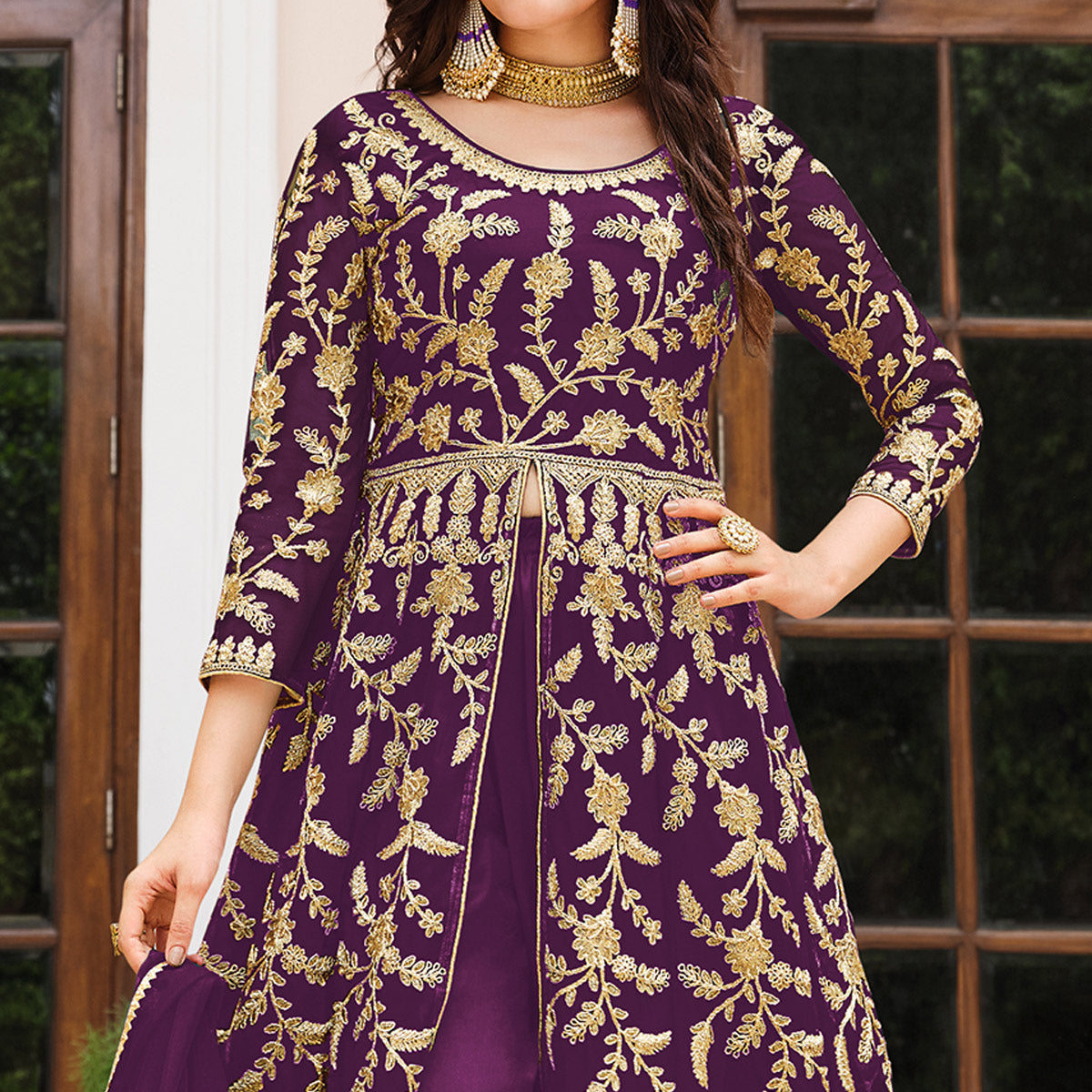 Purple Floral Embroidered Net Suit