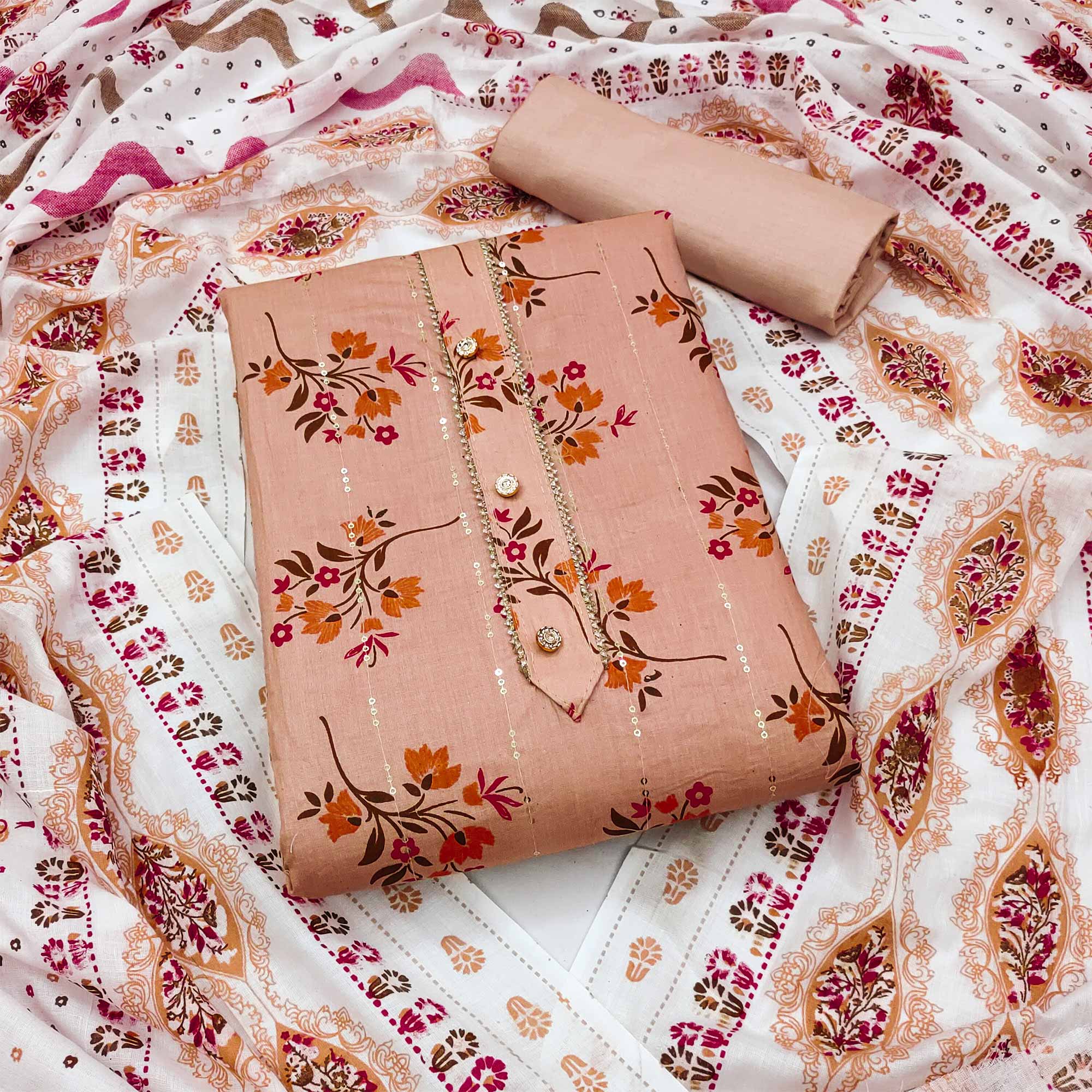 Peach Floral Printed With Embroidered Pure Cotton Dress Material