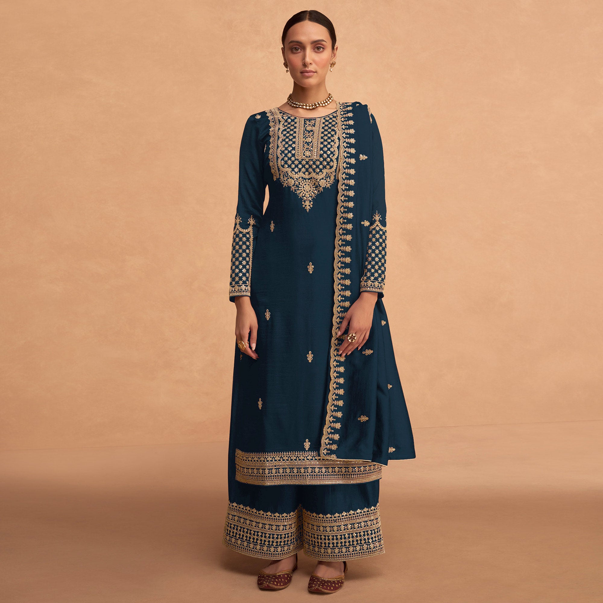 Teal Blue Sequins Embroidered Georgette Palazzo Suit