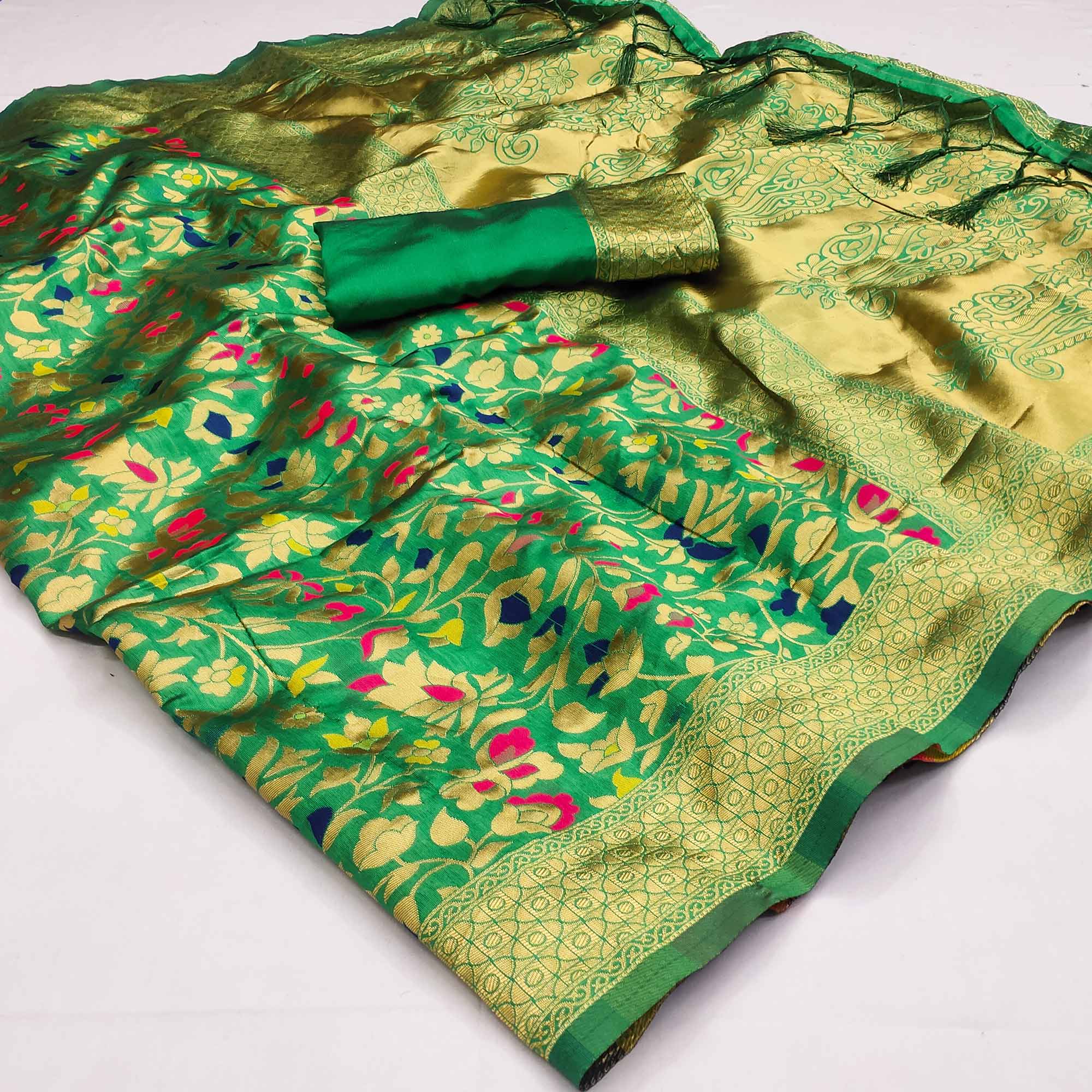 Green Floral Woven Art Silk Saree