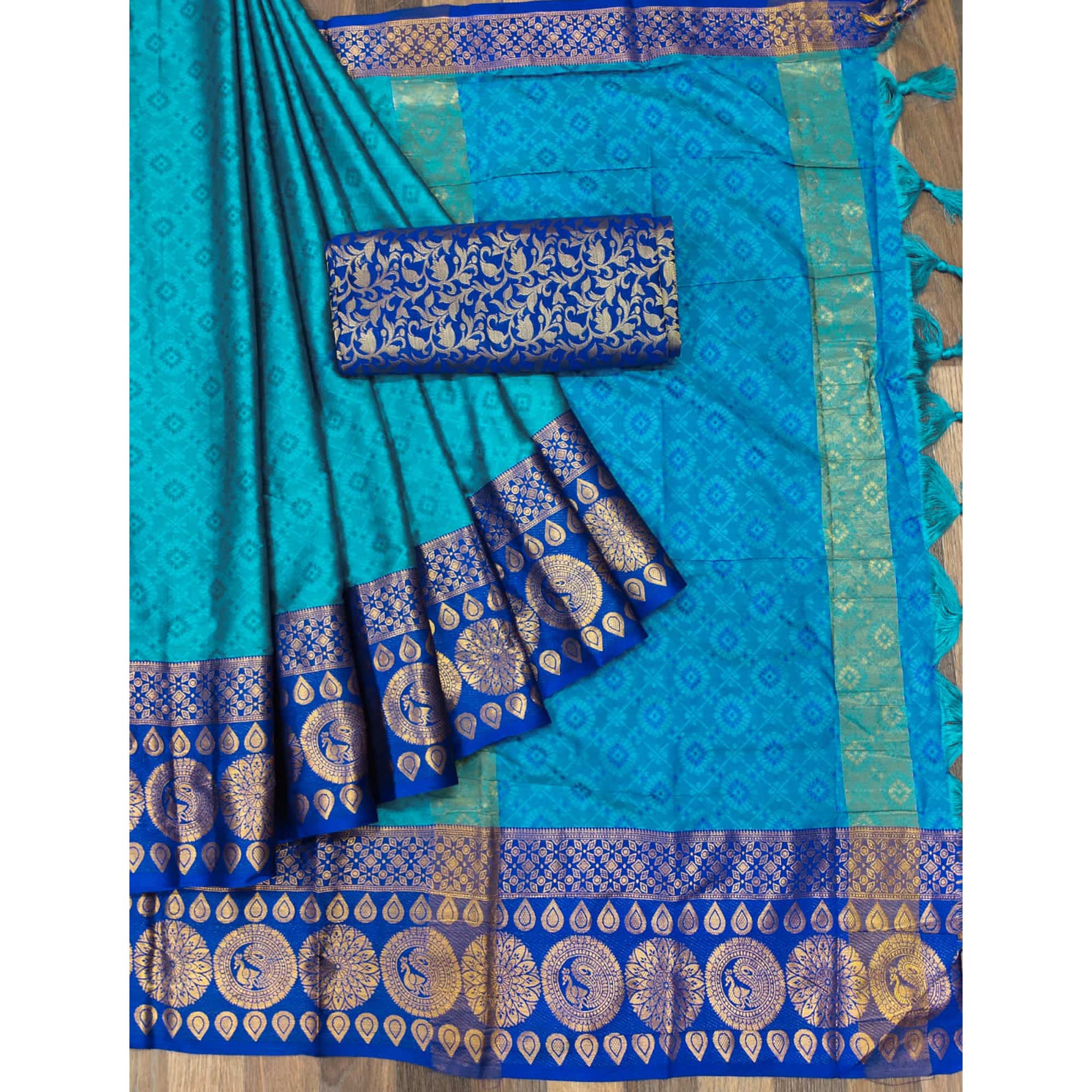 Firozi Woven Cotton Silk Saree With Tassels