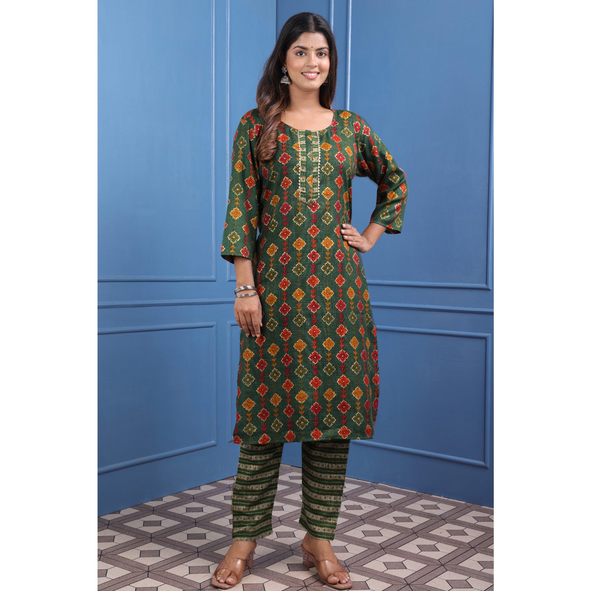 Green Floral Foil Printed Rayon Suit