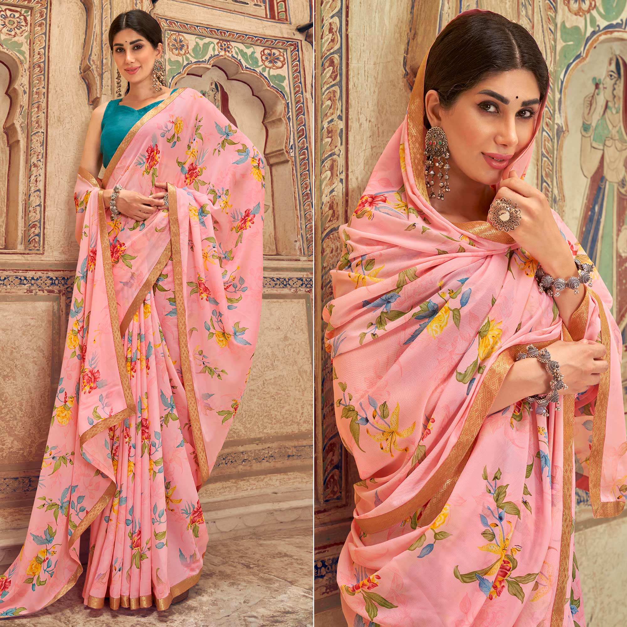 Pink Floral Printed Chiffon Saree