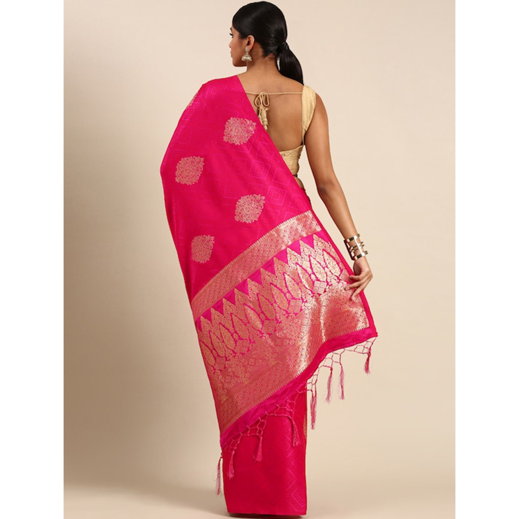 Pink Woven Kanjivaram Silk Saree WithTassels