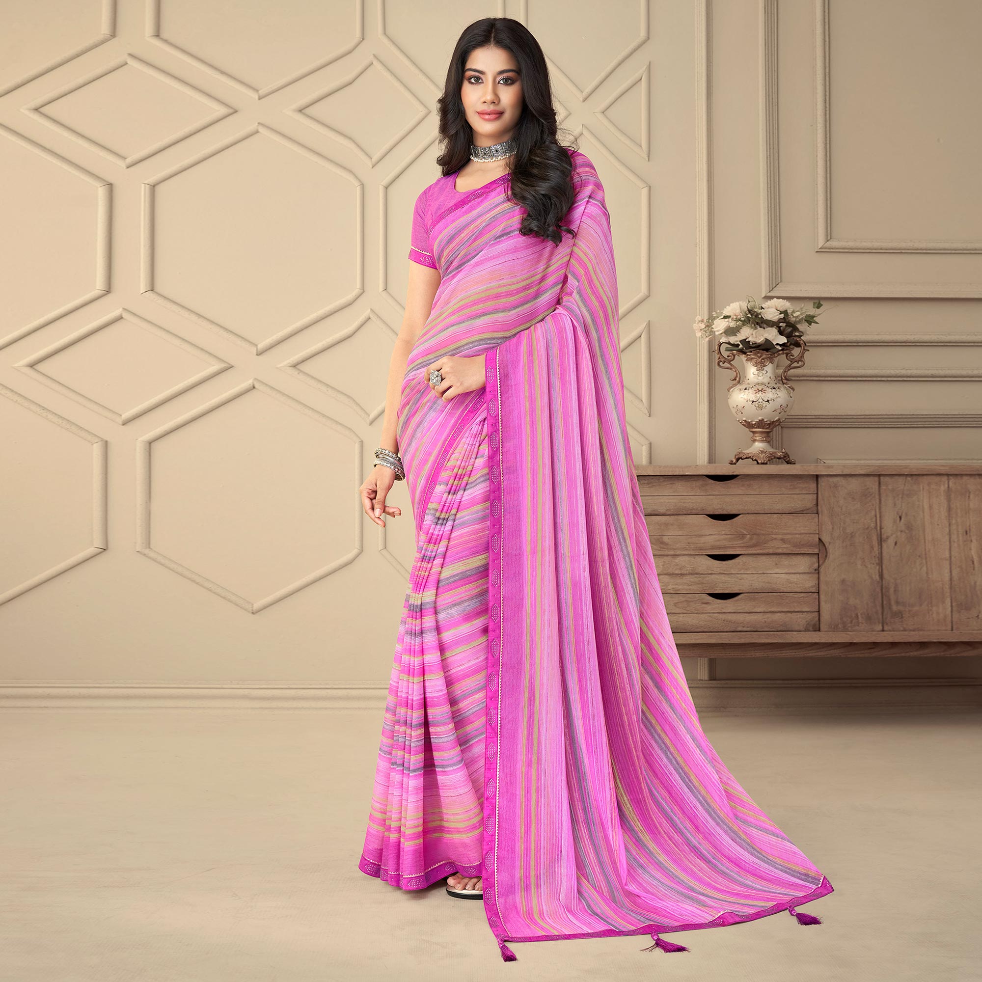 Pink Printed Chiffon Saree With Tassels