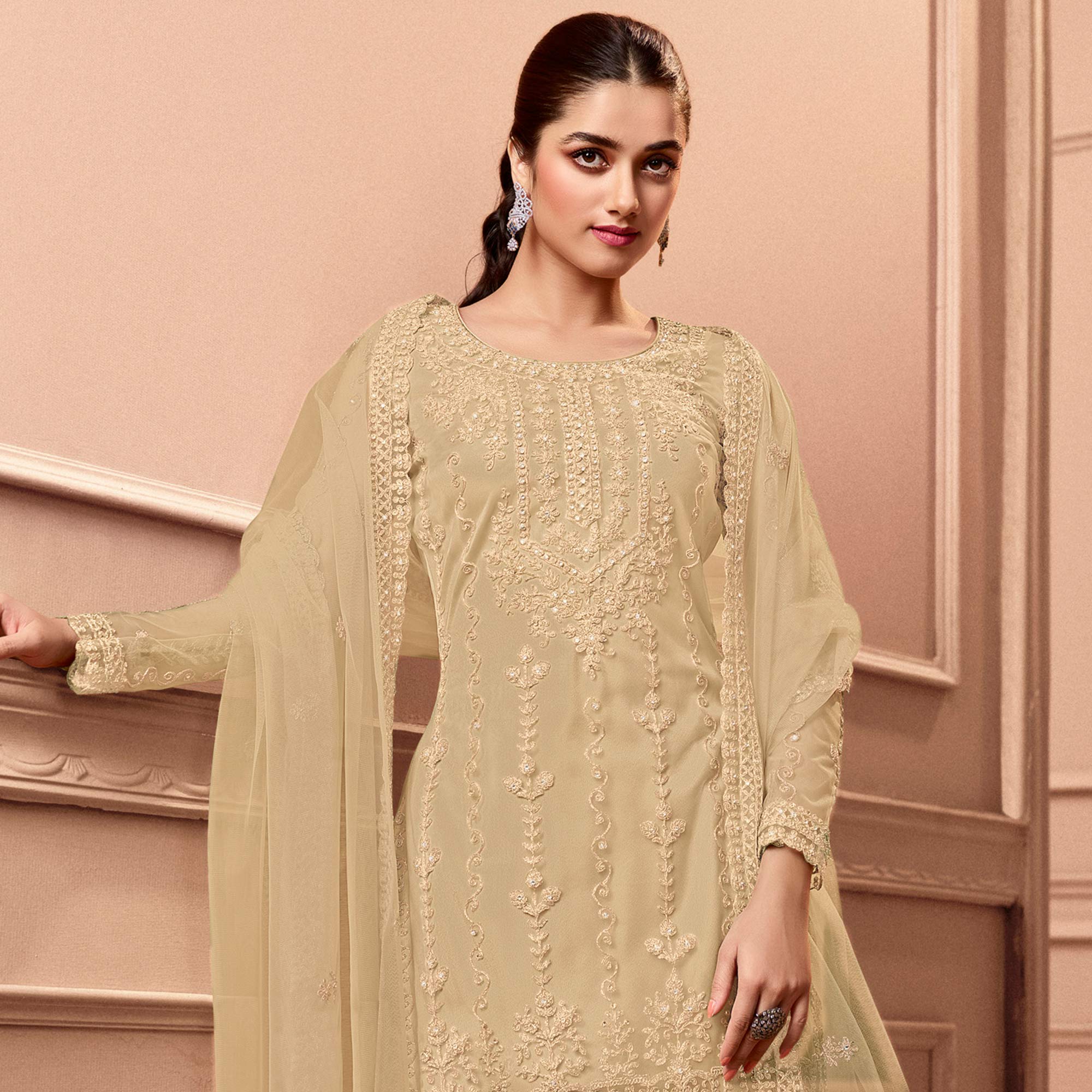 Beige Floral Embroidered Netted Pakistani Suit