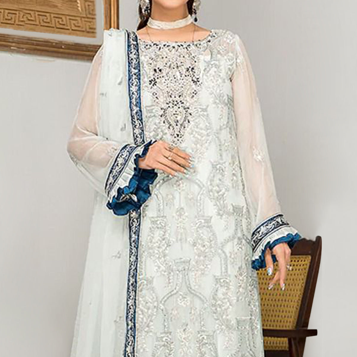 Sky Blue Embroidered Georgette Pakistani Suit