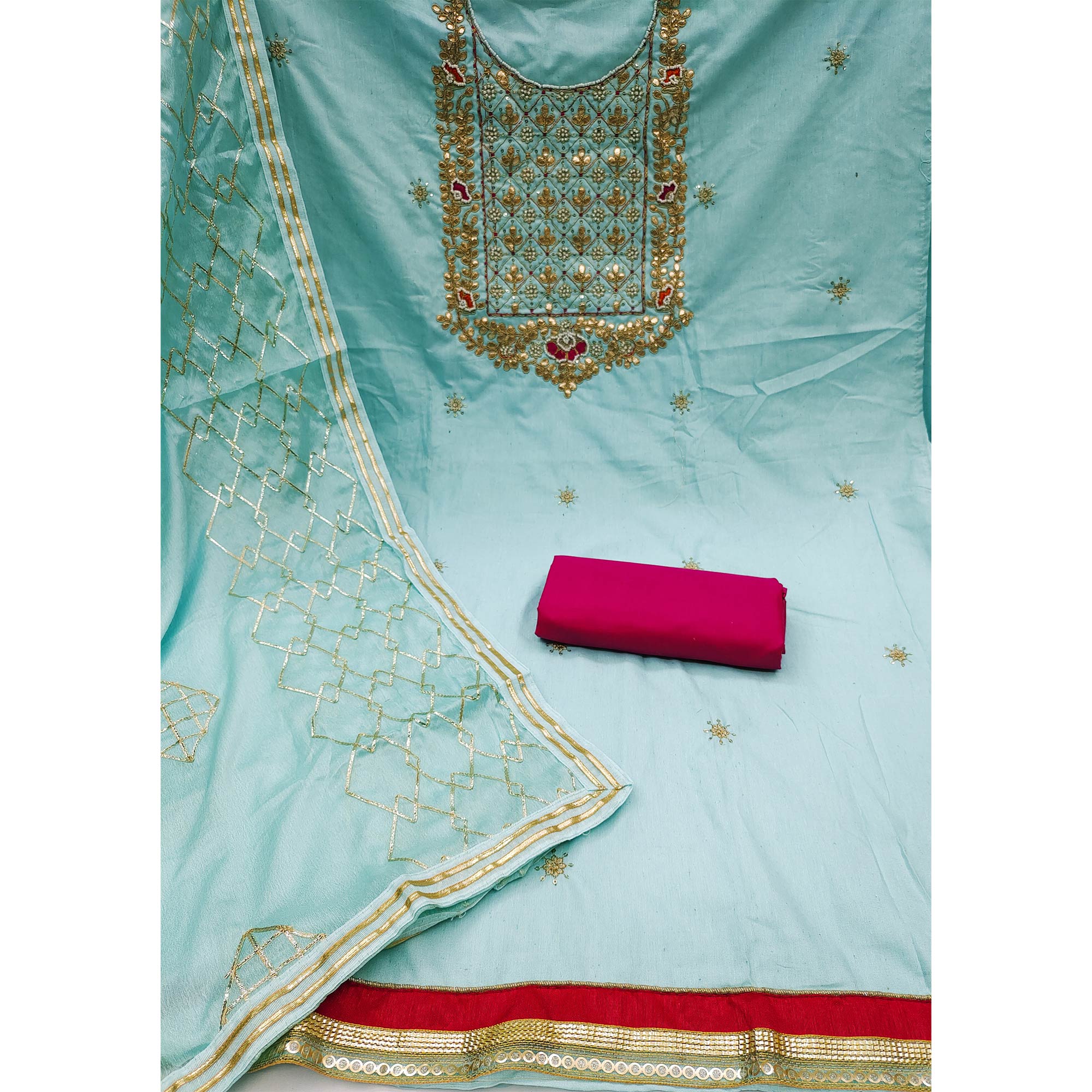 Sky Blue Embroidered Cotton Blend Dress Material