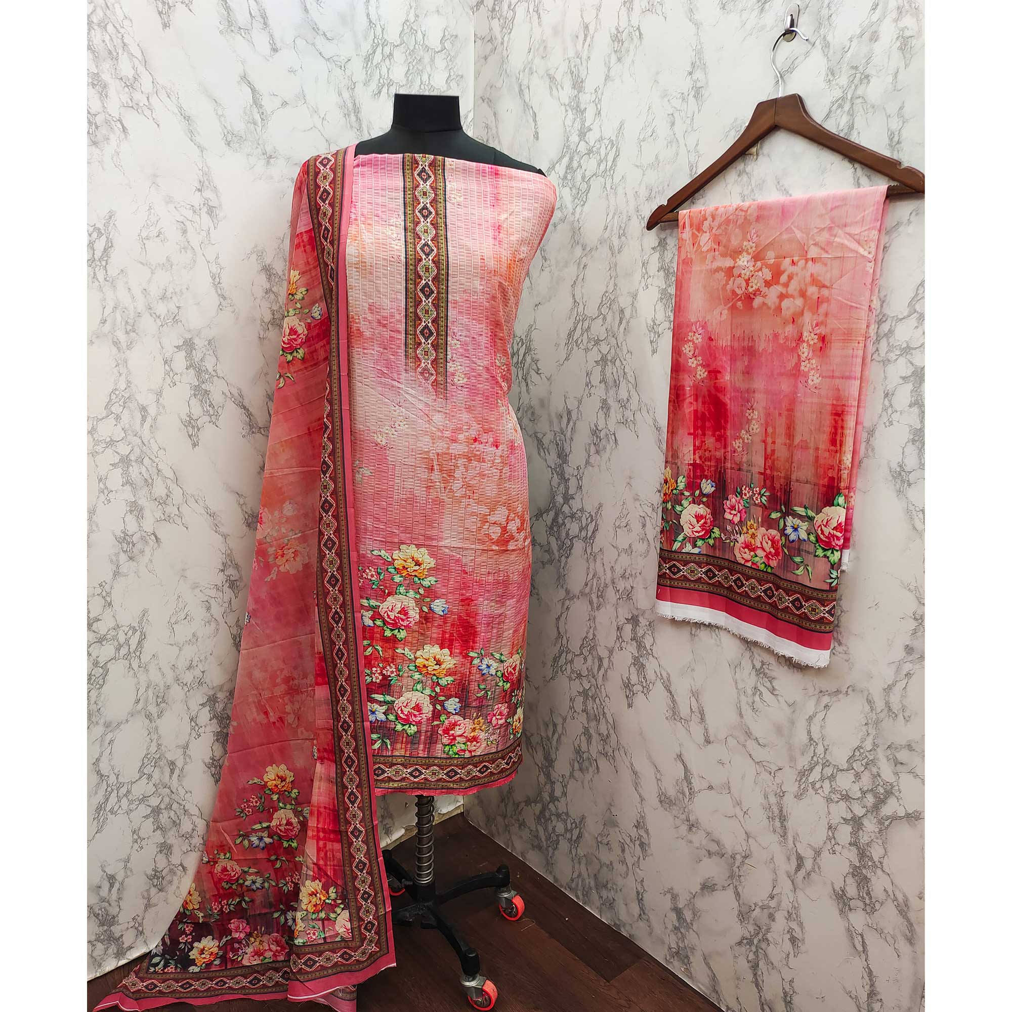 Pink Floral Digital Printed Muslin Dress Material