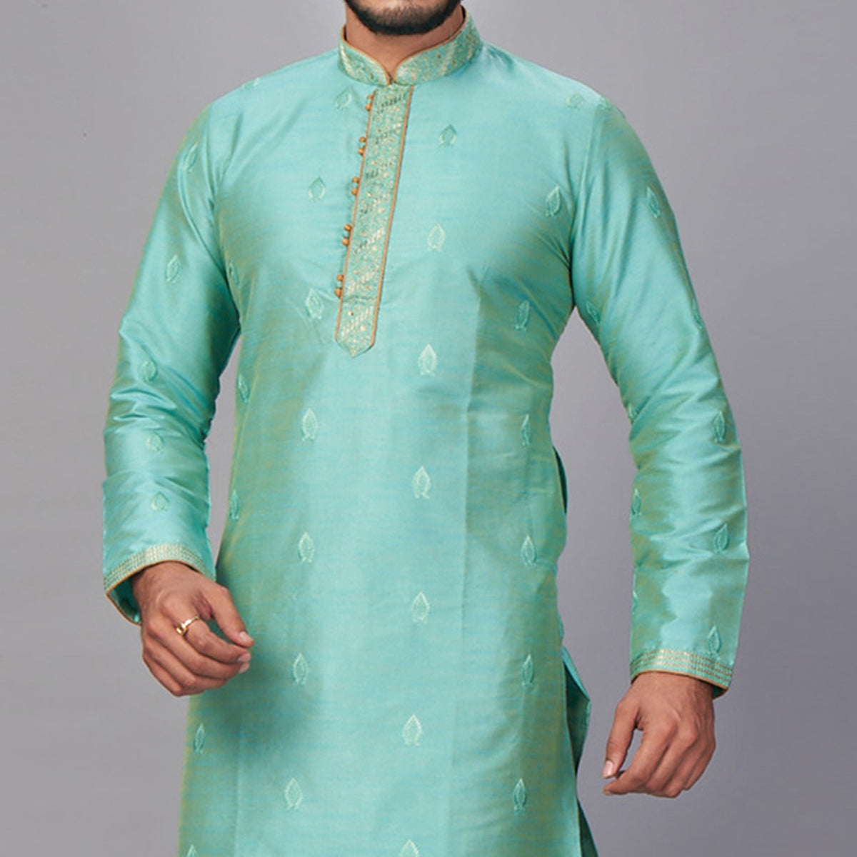 Green Embroidered Jacquard Kurta Pyjama Set