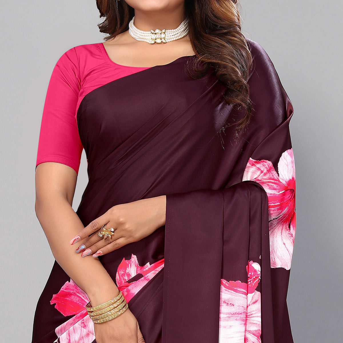 Wine Digital Printed Satin Saree