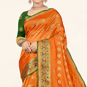 Orange Woven Organza Saree With Tassels