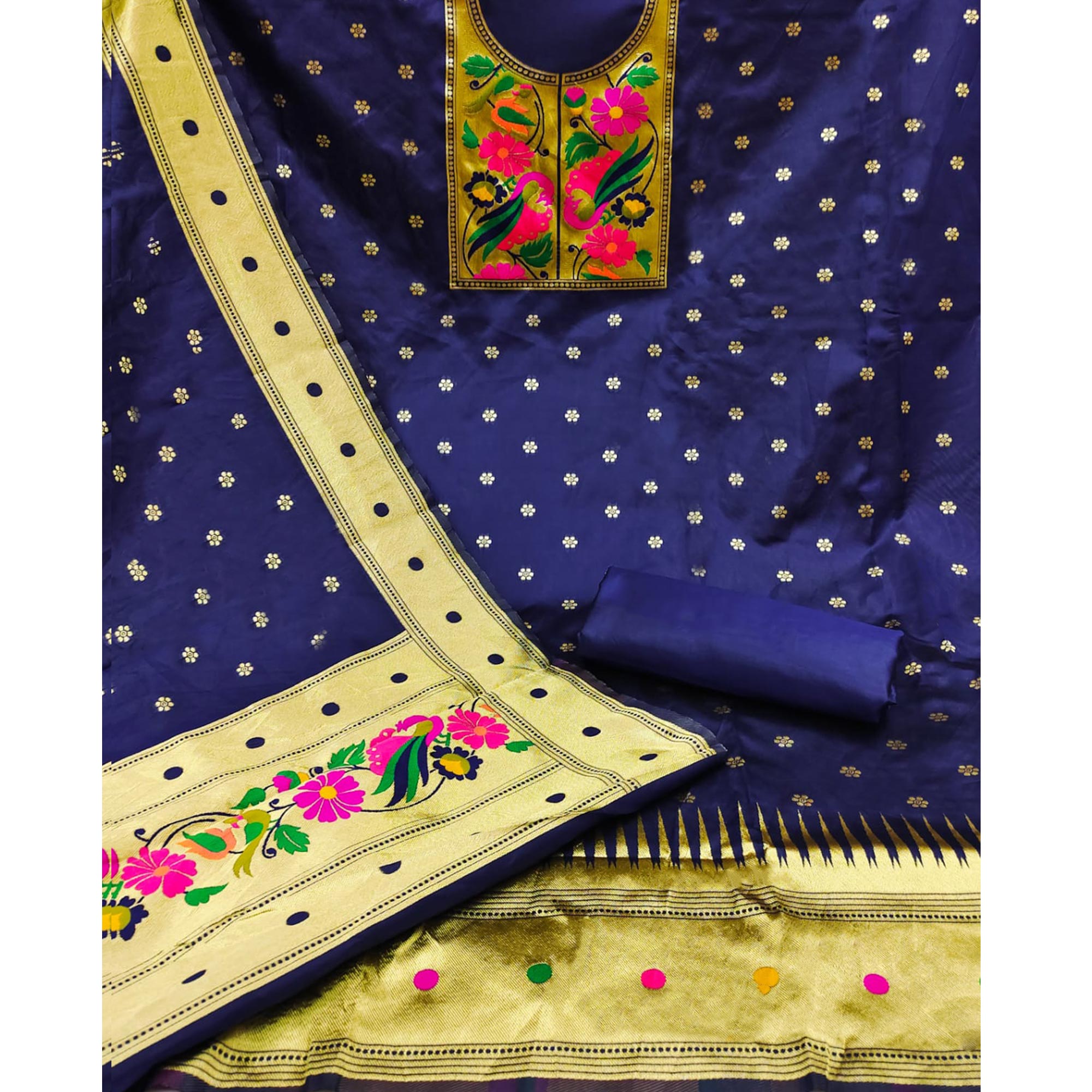 Navy Blue Woven Banarasi Silk Paithani Dress Material