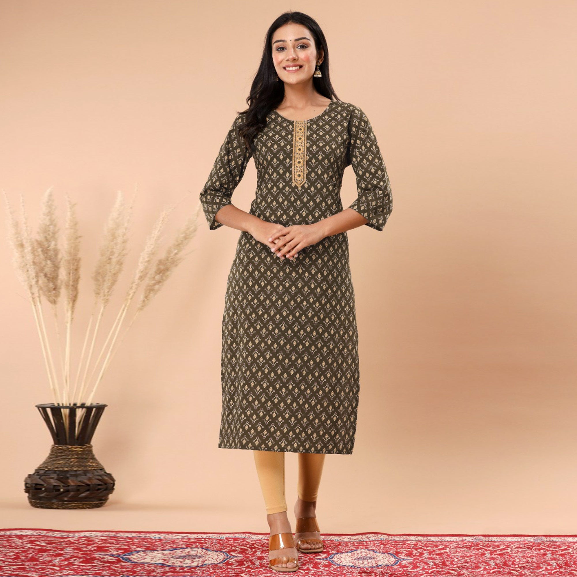 Mehendi Green Floral Printed Pure Cotton Kurti