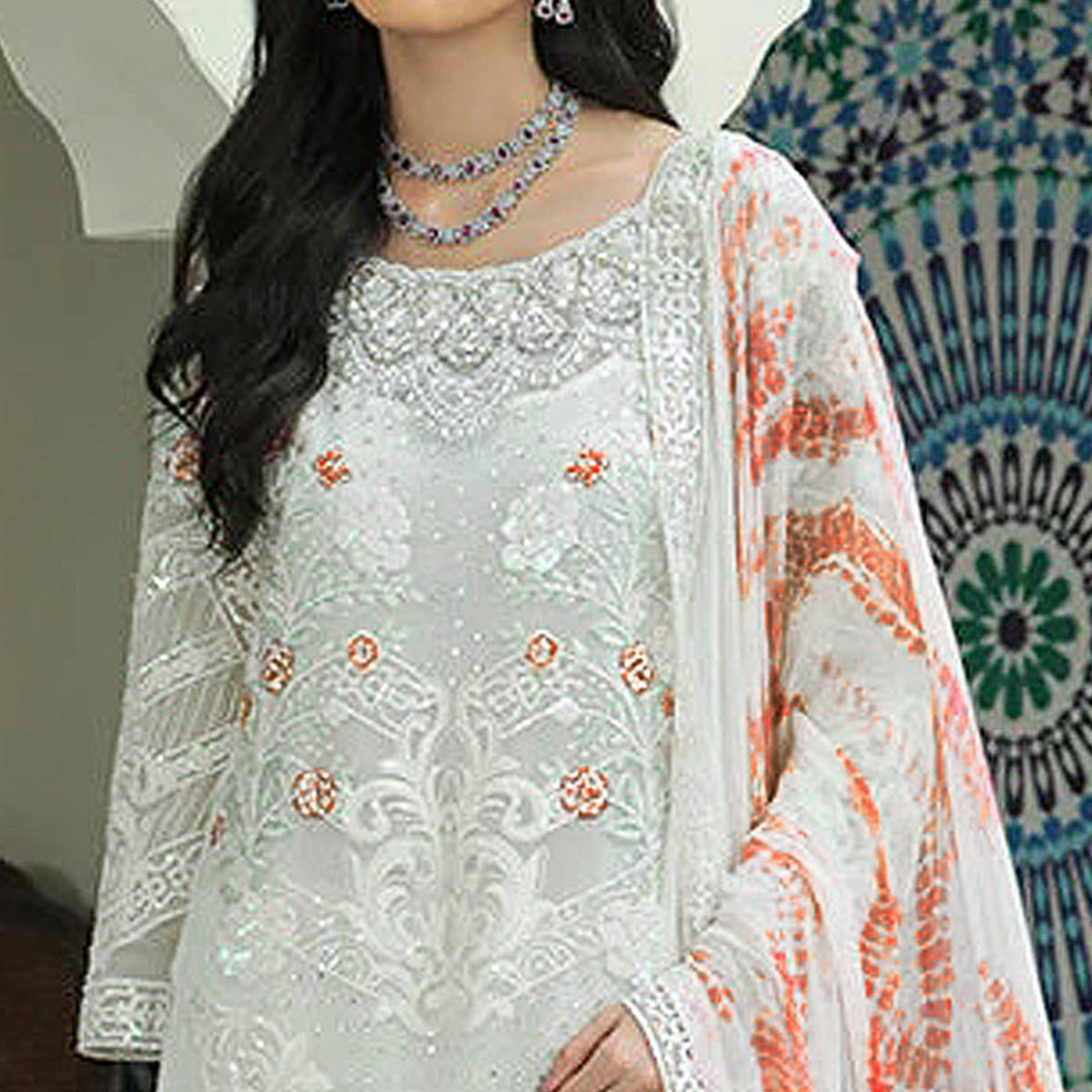 White Sequins Embroidered Georgette Pakistani Suit