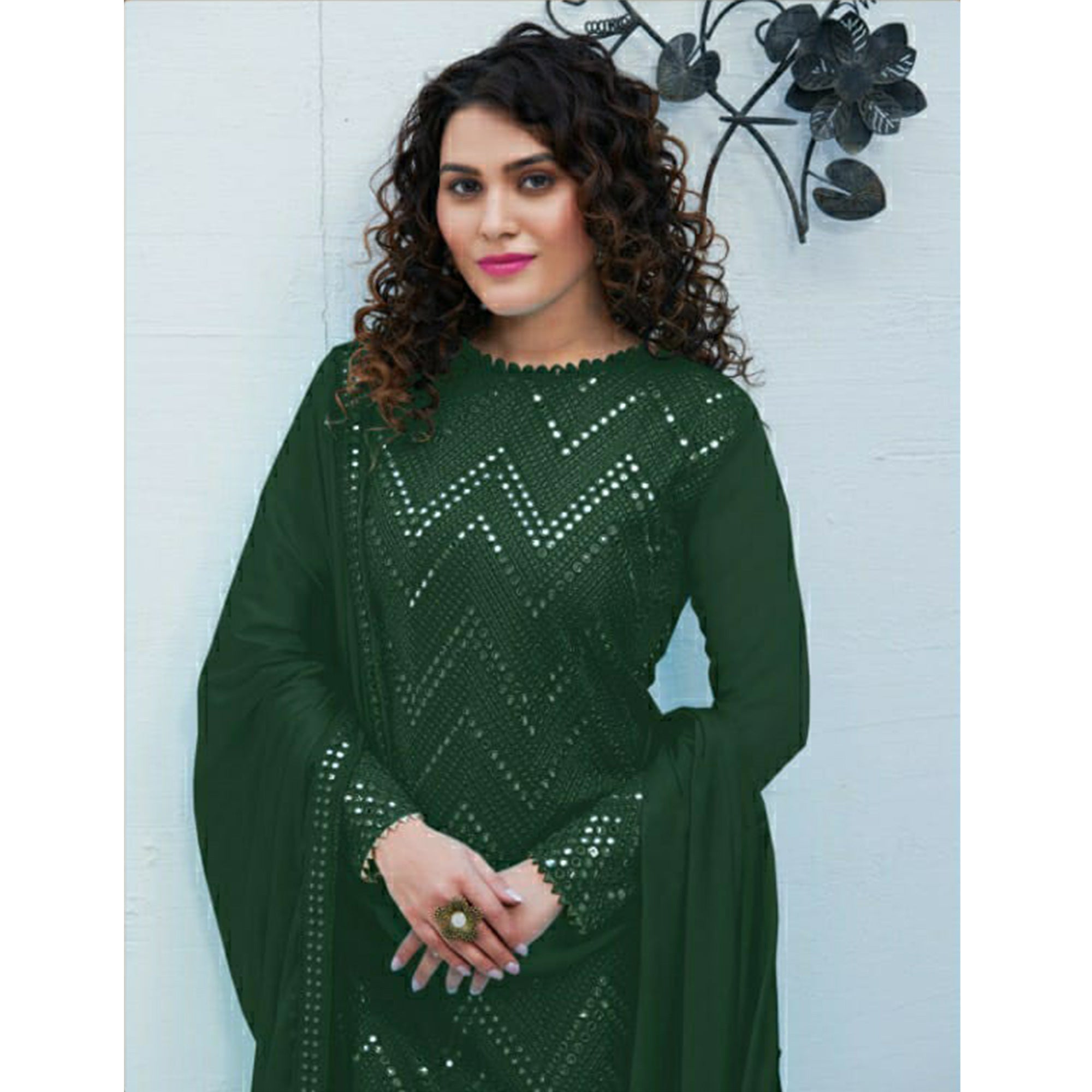 Green Mirror Embroidered Georgette Suit