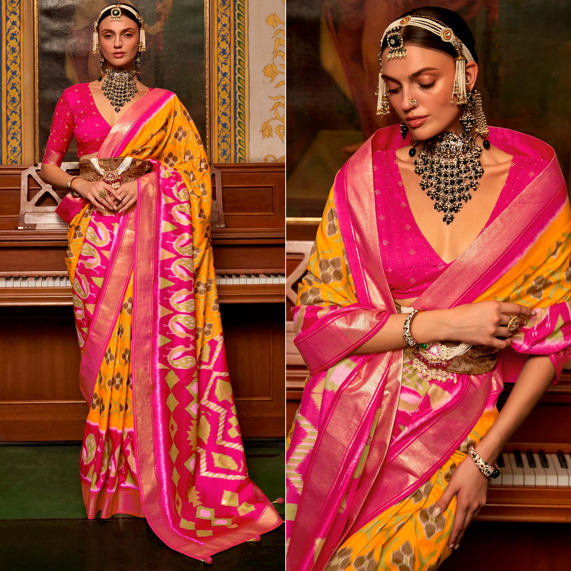 Yellow & Rose Pink Printed Art Silk Saree