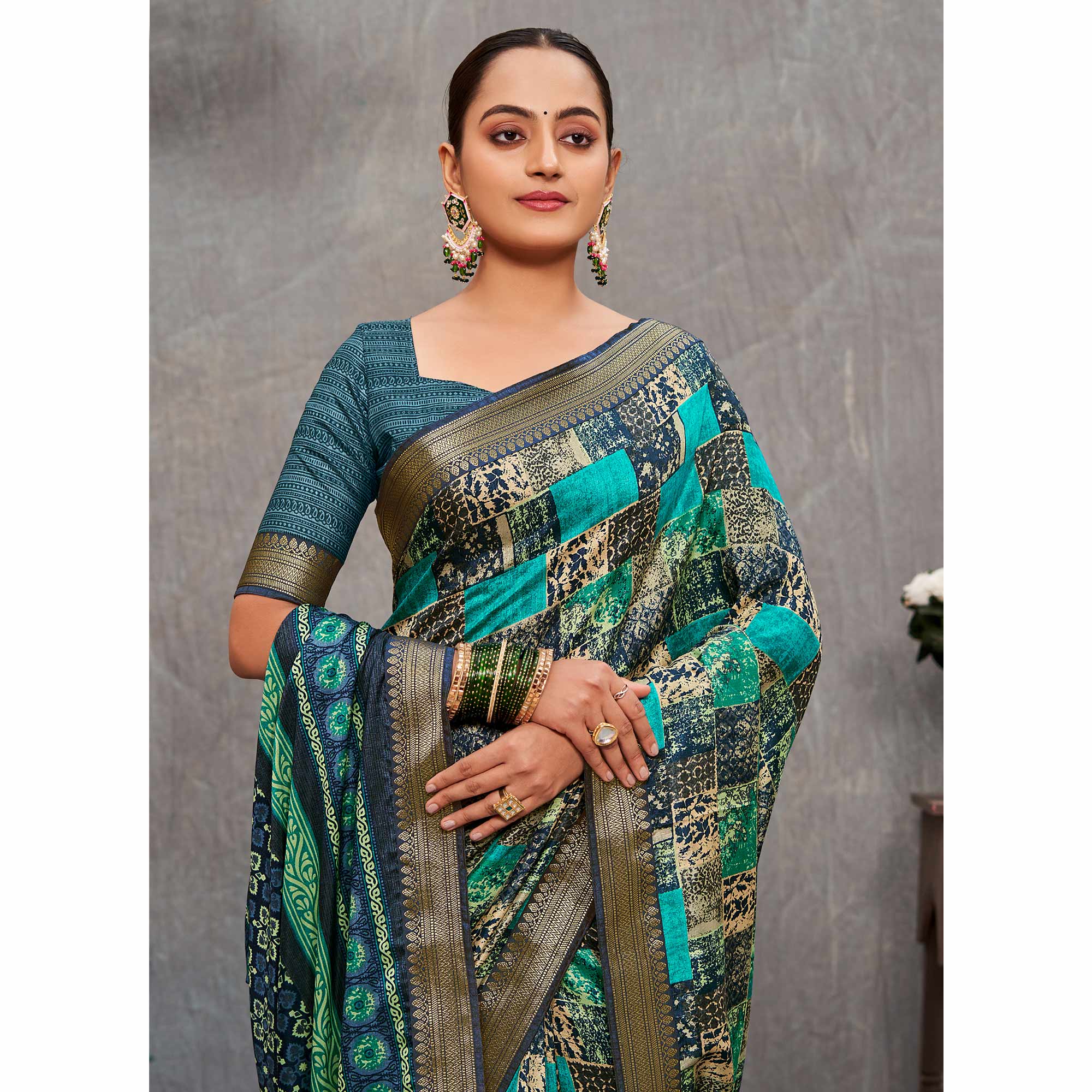Turquoise Printed Tussar Silk Saree