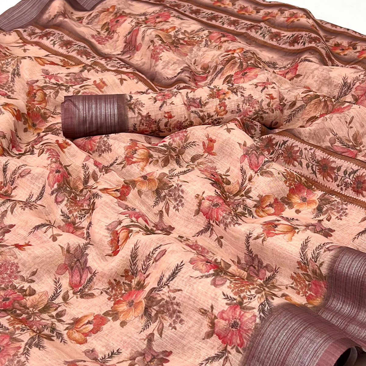 Peach Digital Printed Linen Saree