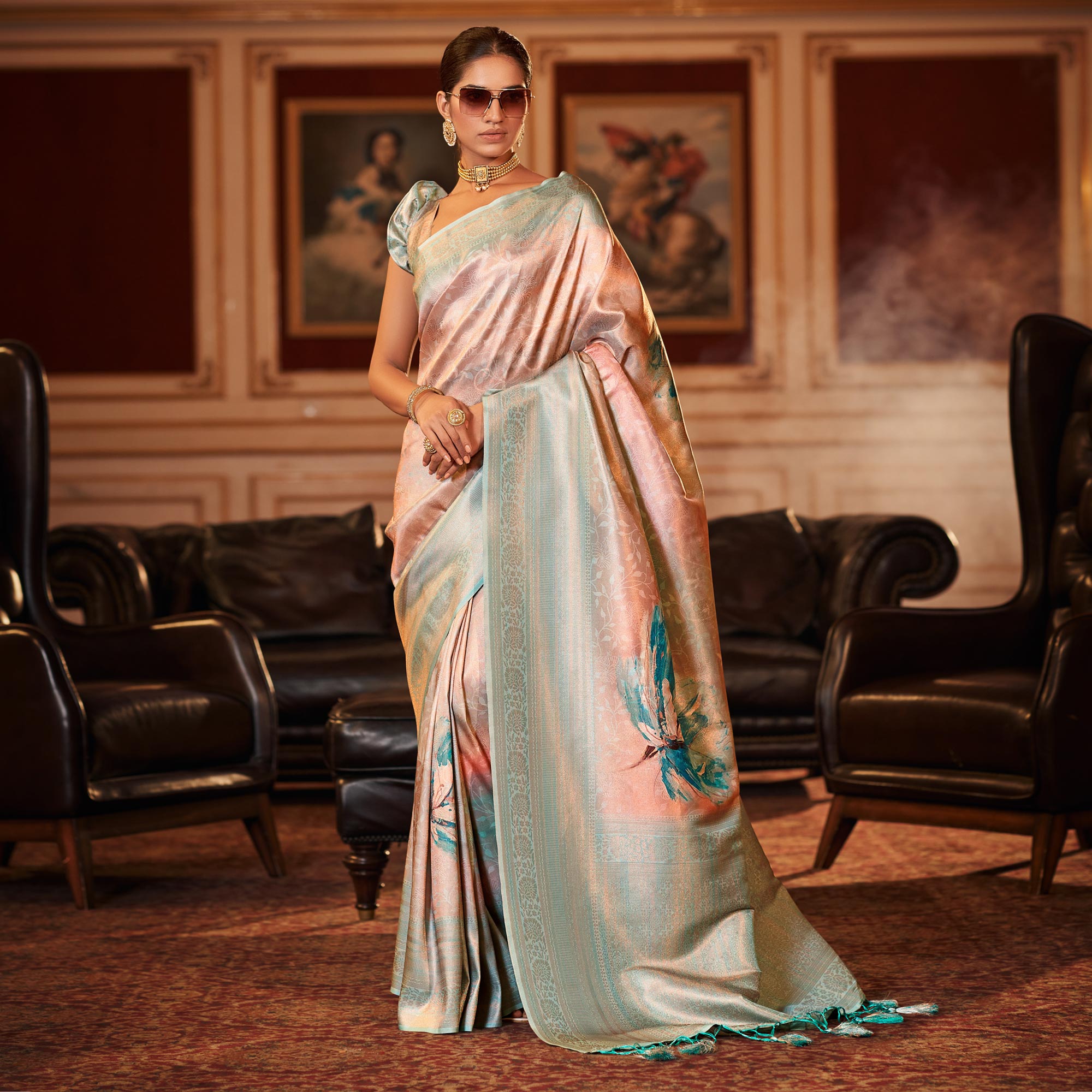 Peach & Sky Blue Woven Jacquard Saree With Tassels