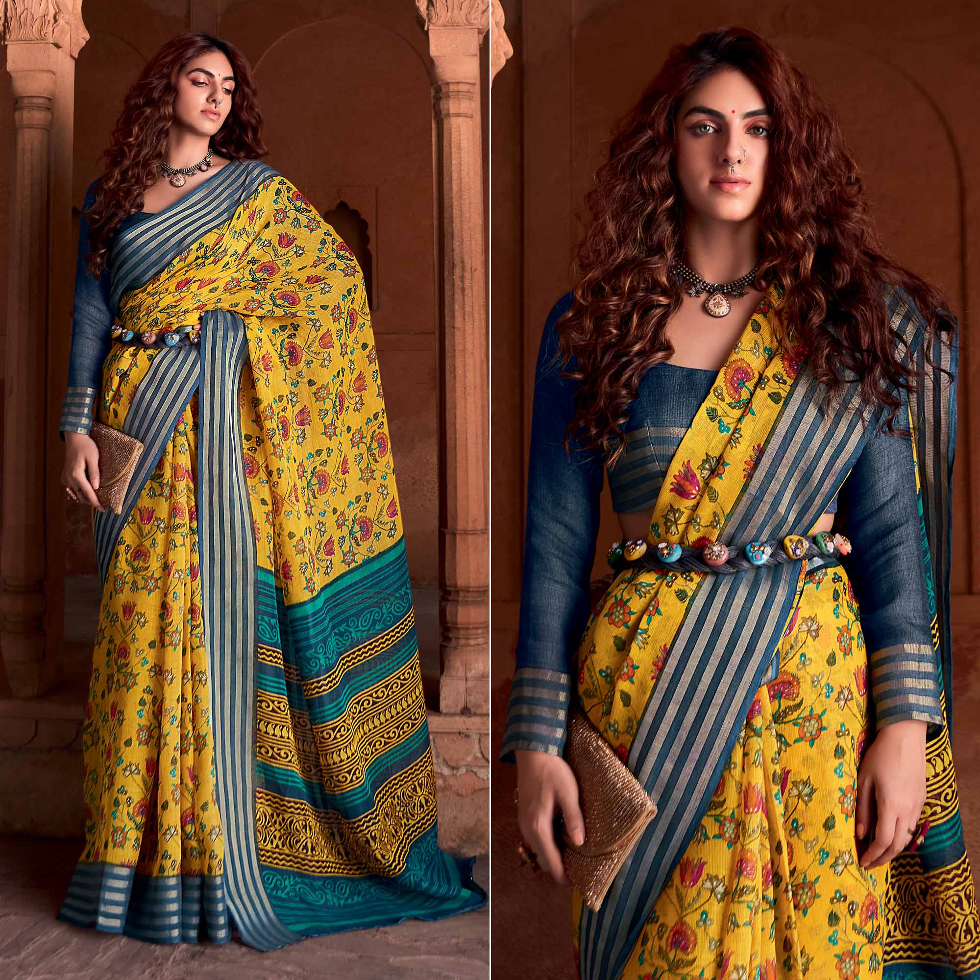 Yellow Floral Printed Linen Saree