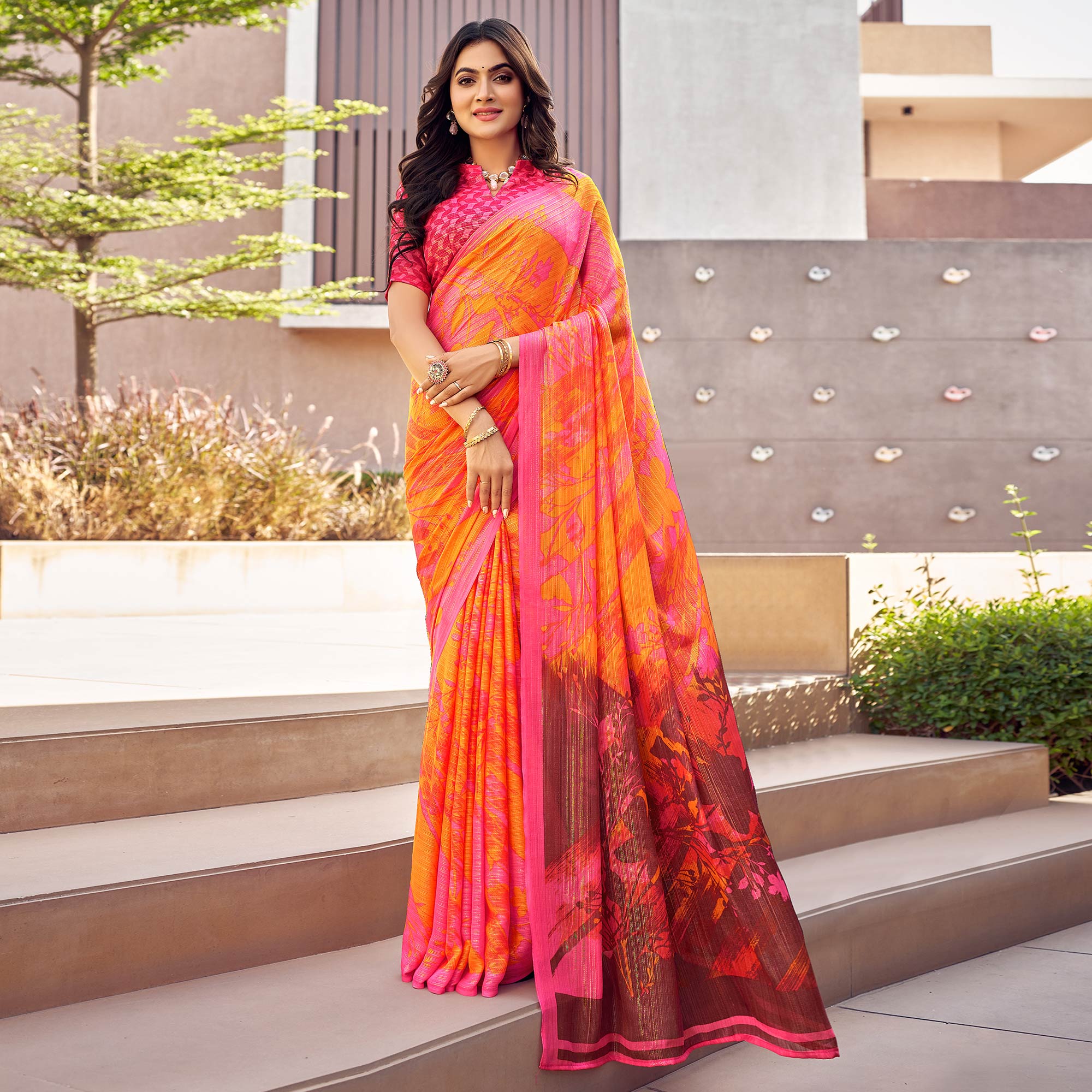 Mustard Pink Printed Chiffon Saree
