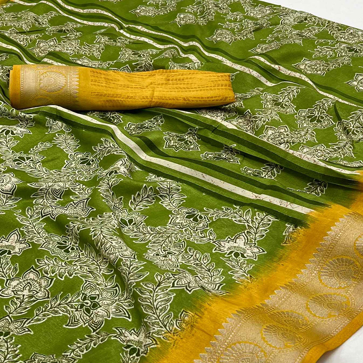 Green Floral Printed With Woven Border Dola Silk Saree